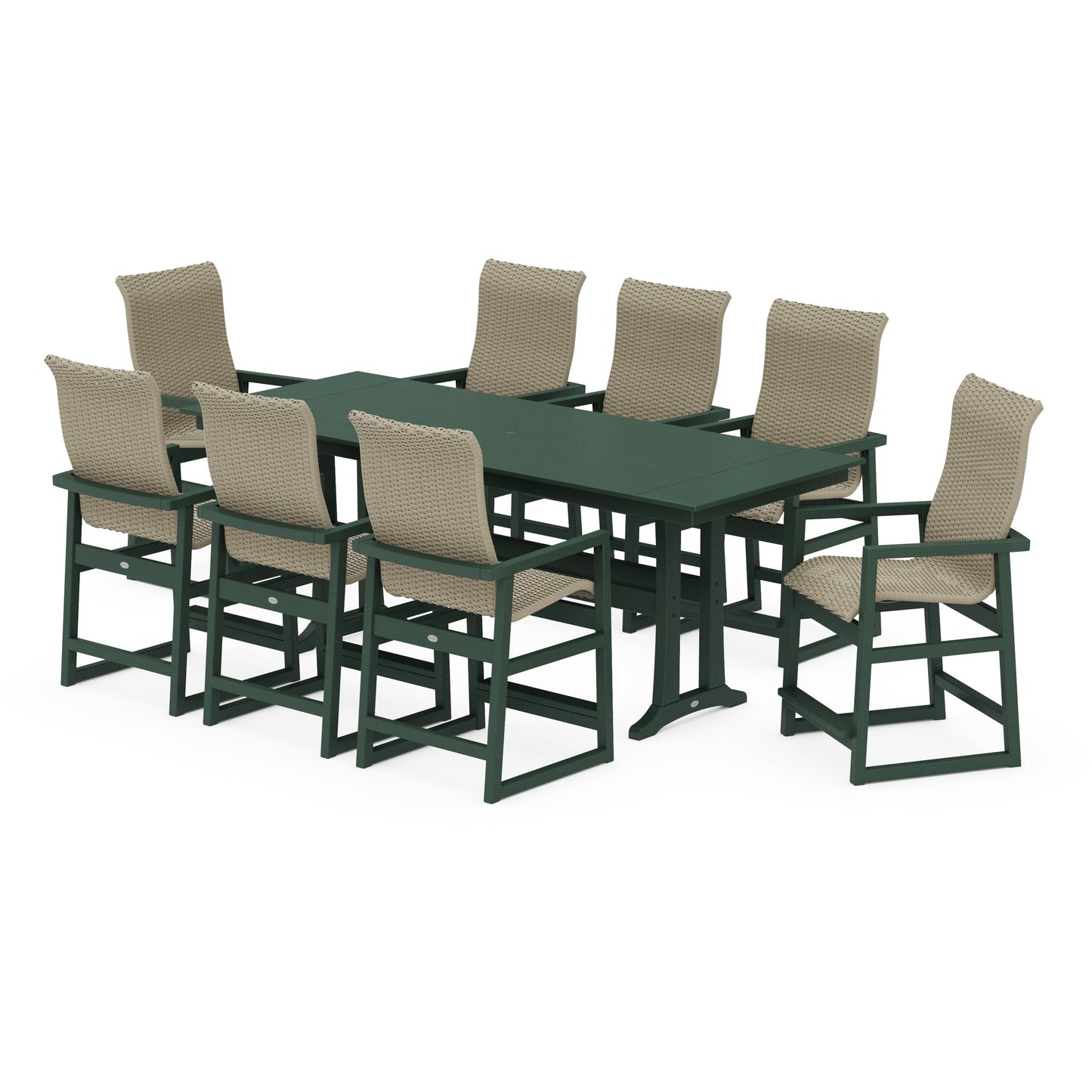 POLYWOOD EDGE Woven Highback 9-Piece Farmhouse Counter Set with Trestle Legs — Green / Dune Grass