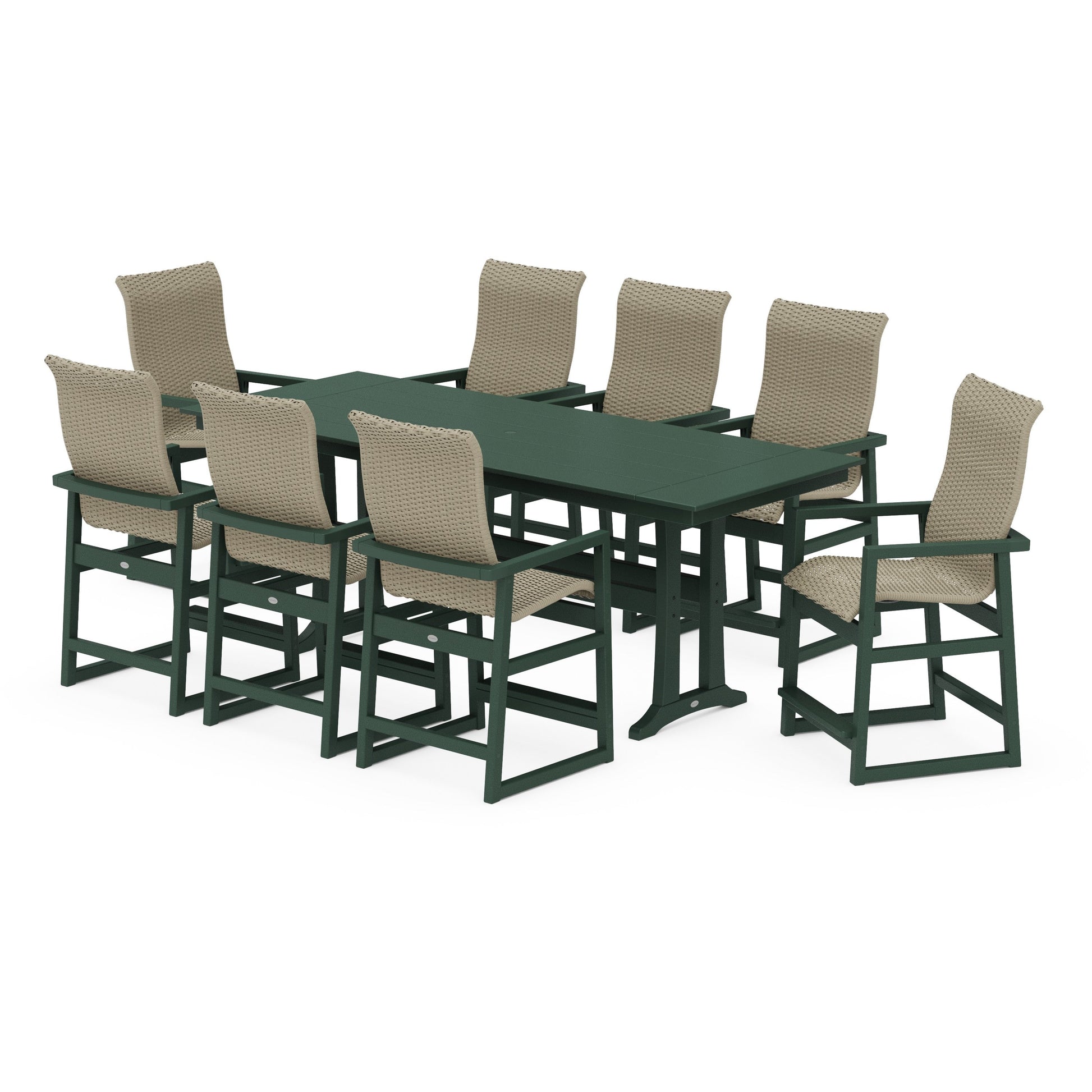 POLYWOOD EDGE Woven Highback 9-Piece Farmhouse Counter Set with Trestle Legs — Green / Dune Grass