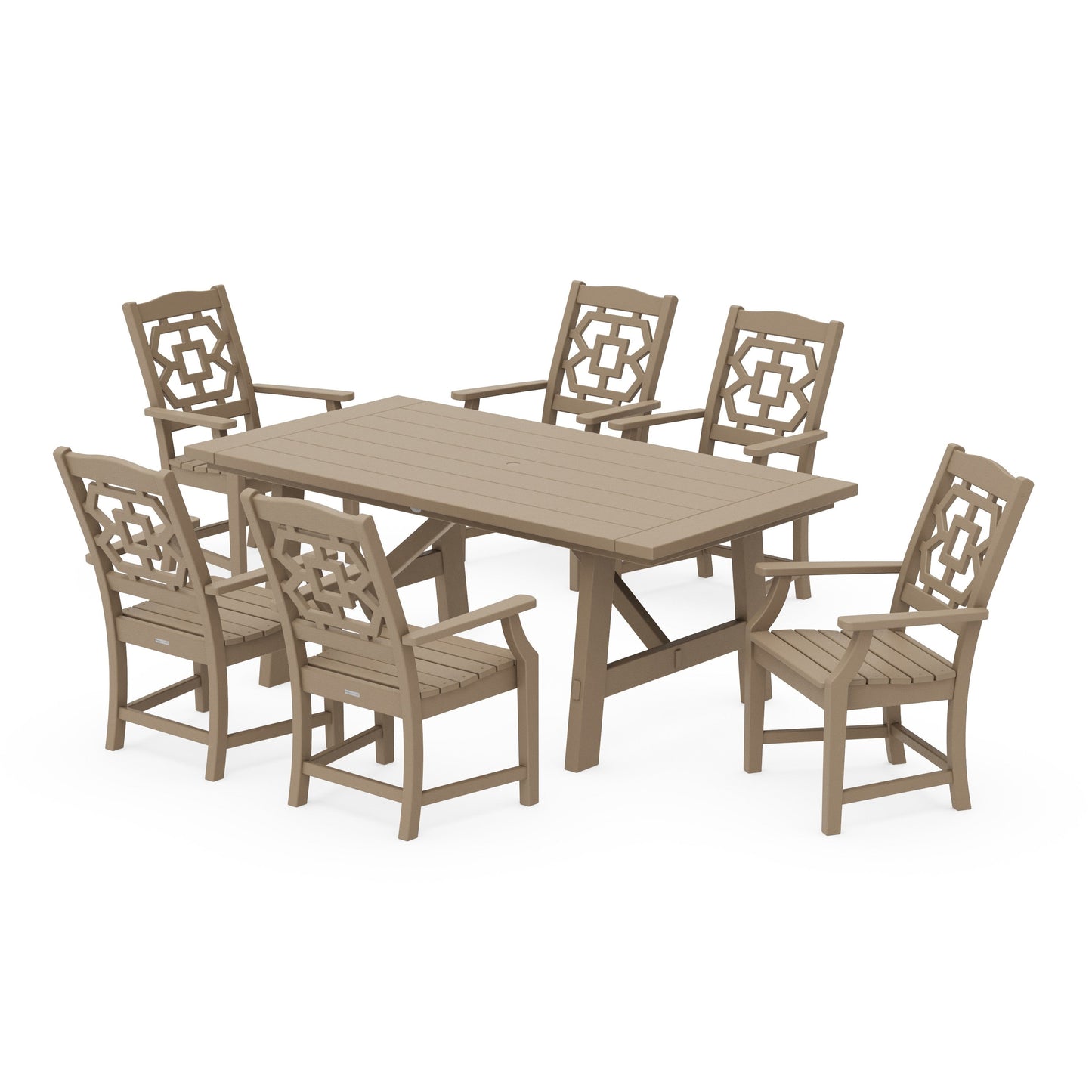 POLYWOOD Chinoiserie Arm Chair 7-Piece Rustic Farmhouse Dining Set — Vintage Sahara