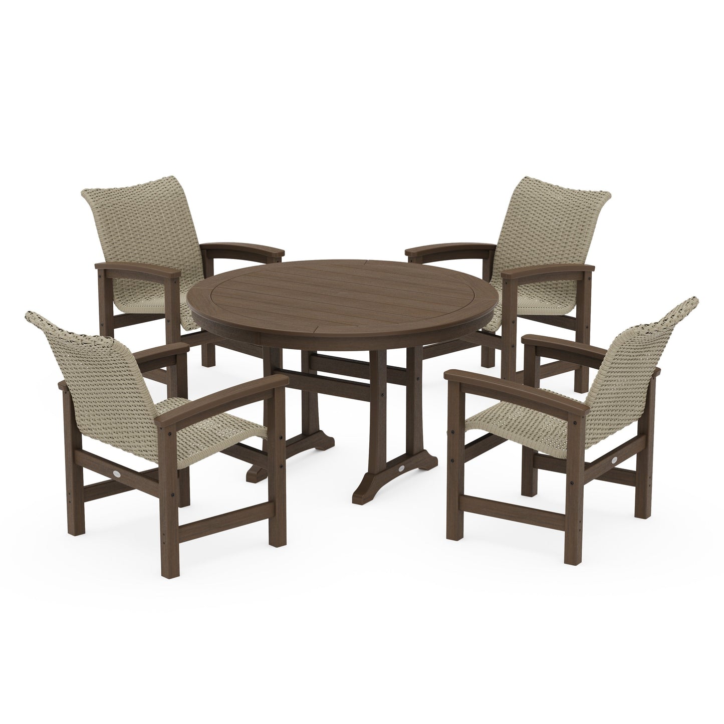 POLYWOOD Coastal Woven 5-Piece Round Dining Set with Trestle Legs — Kona / Dune Grass