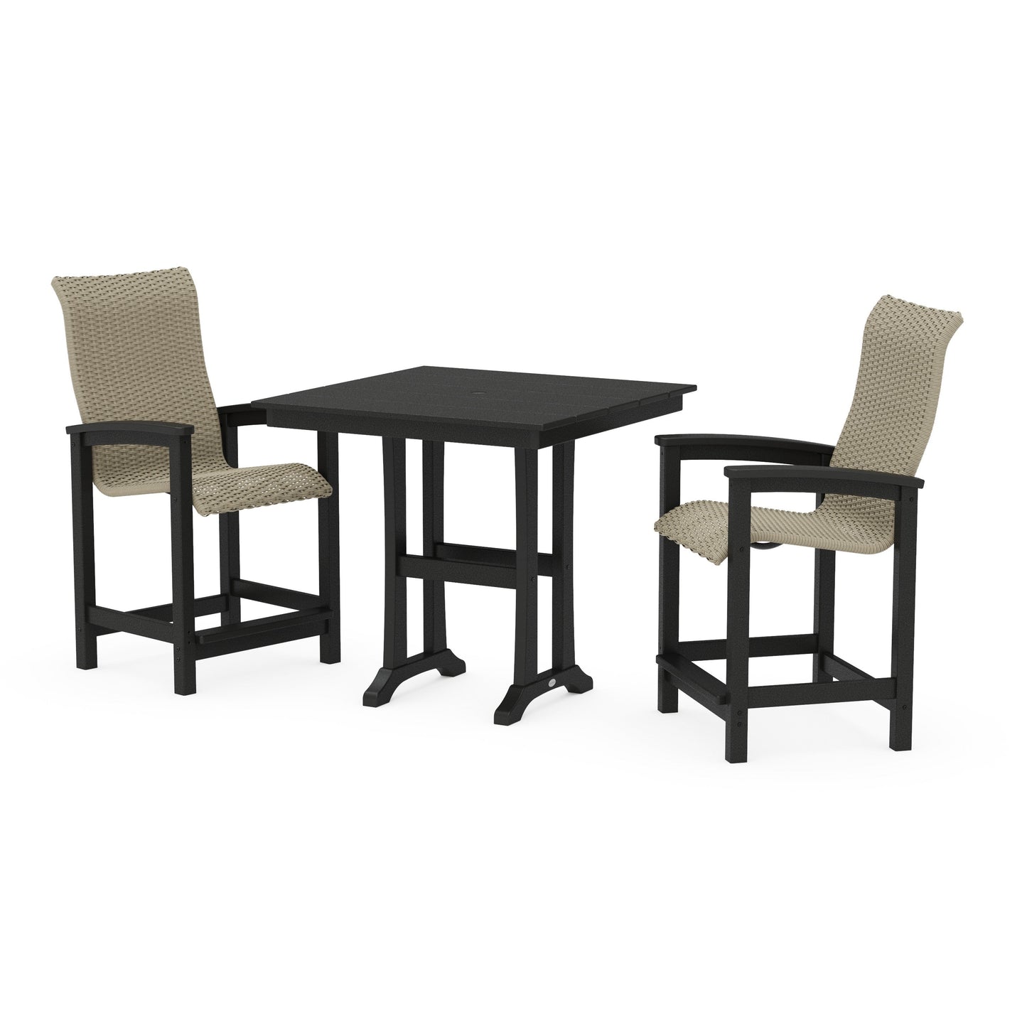 POLYWOOD Coastal Woven High-Back 3-Piece Farmhouse Counter Set with Trestle Legs — Black / Dune Grass