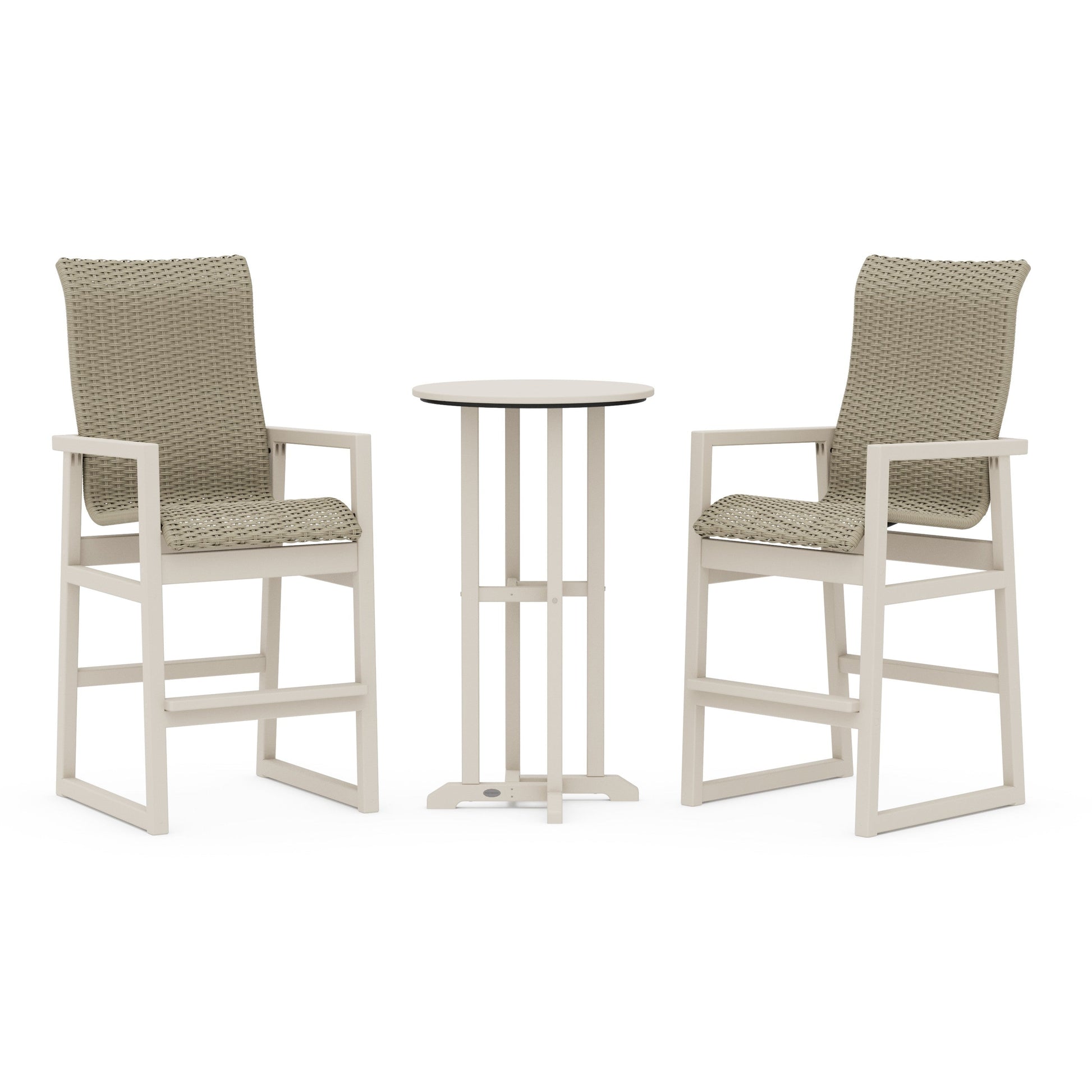 POLYWOOD EDGE Woven Highback 3-Piece Farmhouse Bar Set — Sand / Dune Grass
