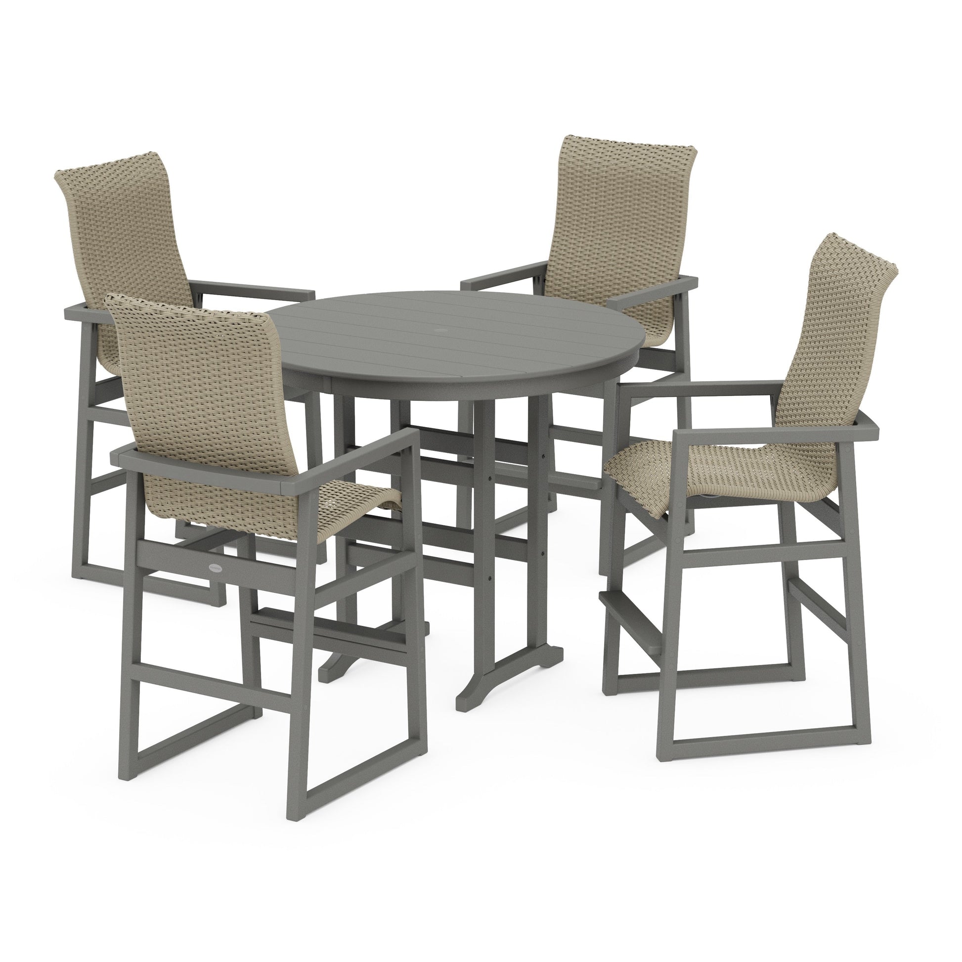 POLYWOOD EDGE Woven Highback 5-Piece Round Farmhouse Bar Set — Slate Grey / Dune Grass
