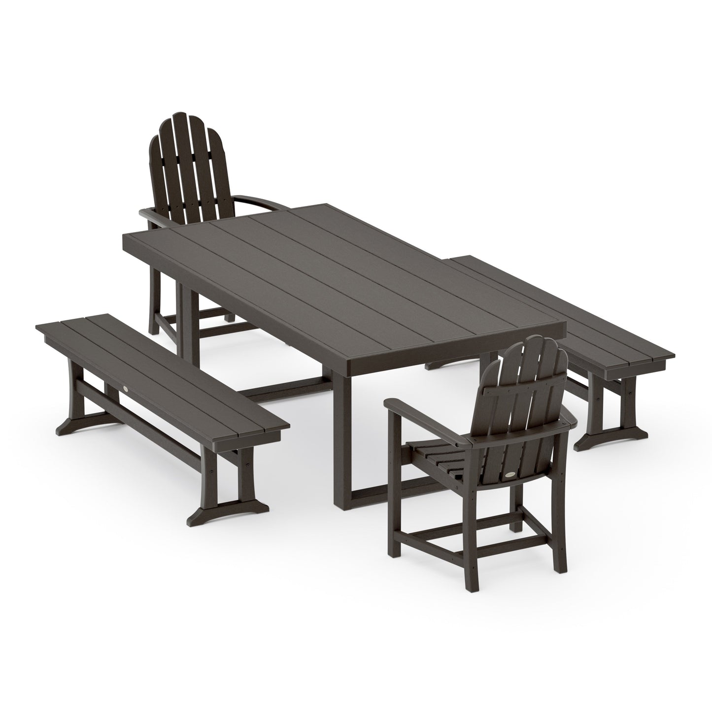 POLYWOOD Classic Adirondack 5-Piece Dining Set with Benches — Vintage Coffee