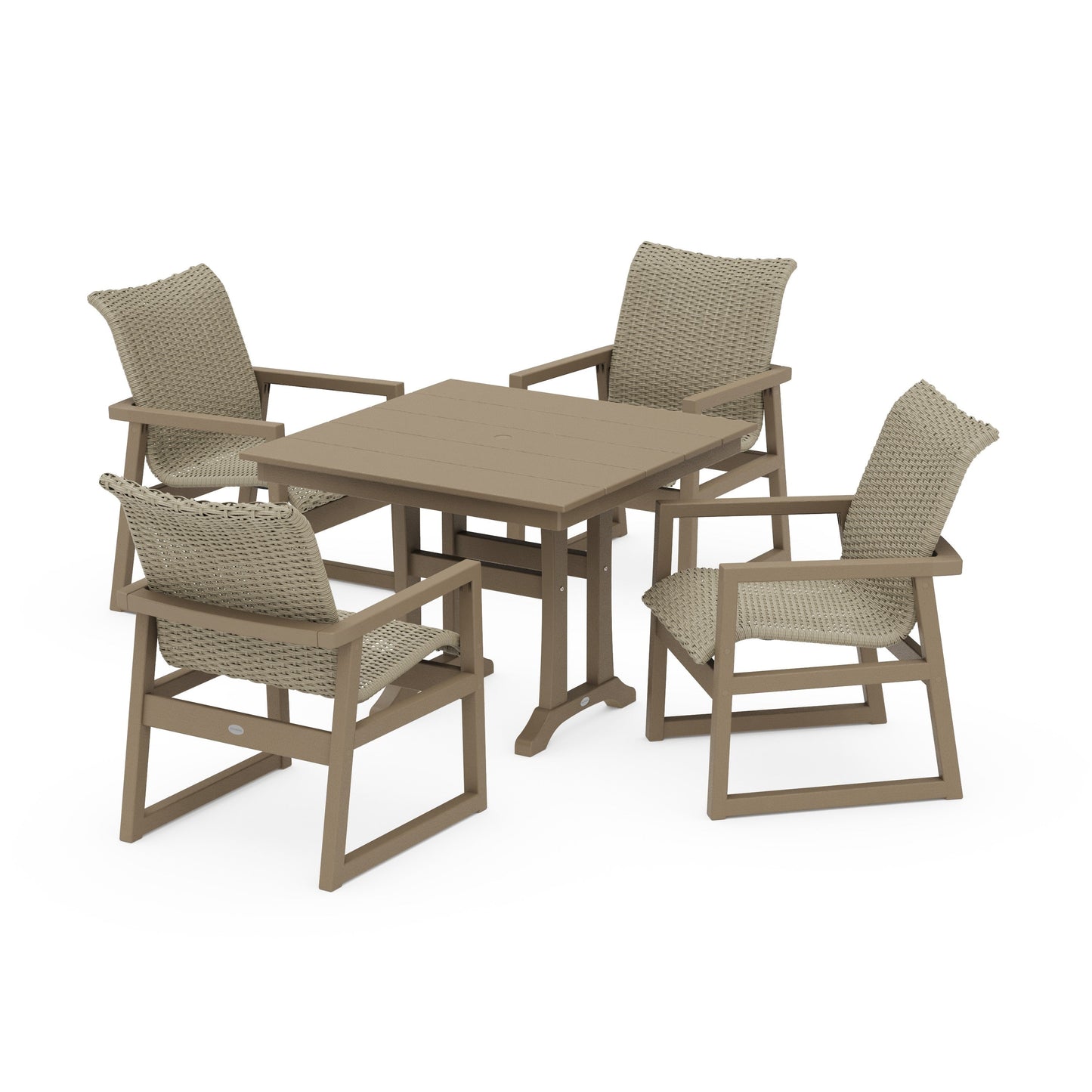 POLYWOOD EDGE Woven 5-Piece Farmhouse Dining Set with Trestle Legs — Vintage Sahara / Dune Grass
