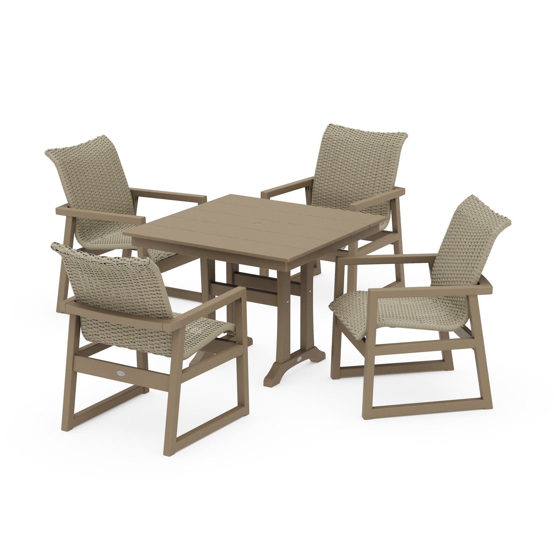 POLYWOOD EDGE Woven 5-Piece Farmhouse Dining Set with Trestle Legs — Vintage Sahara / Dune Grass