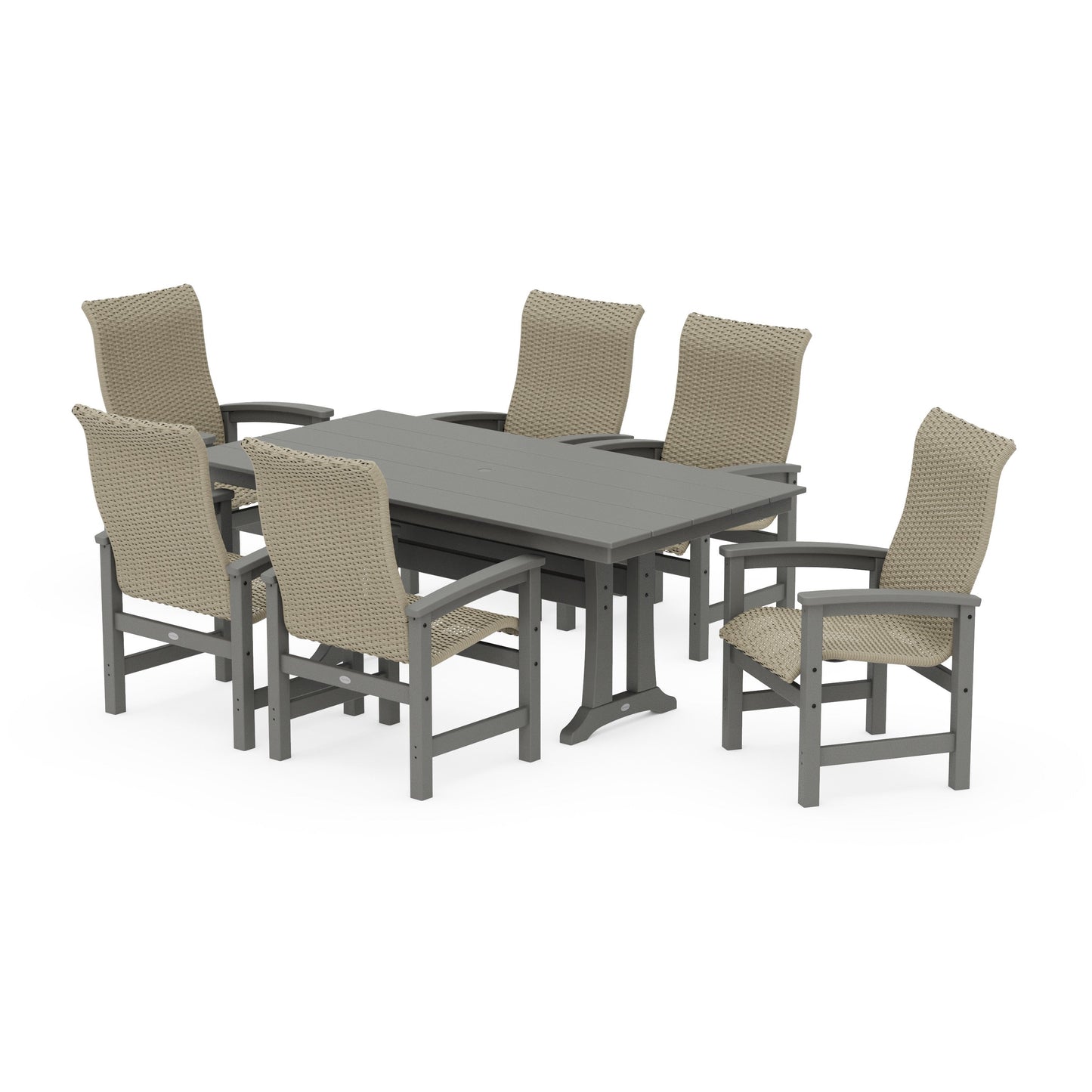 POLYWOOD Coastal Woven High-Back Arm Chair 7-Piece Farmhouse Dining Set with Trestle Legs — Slate Grey / Dune Grass