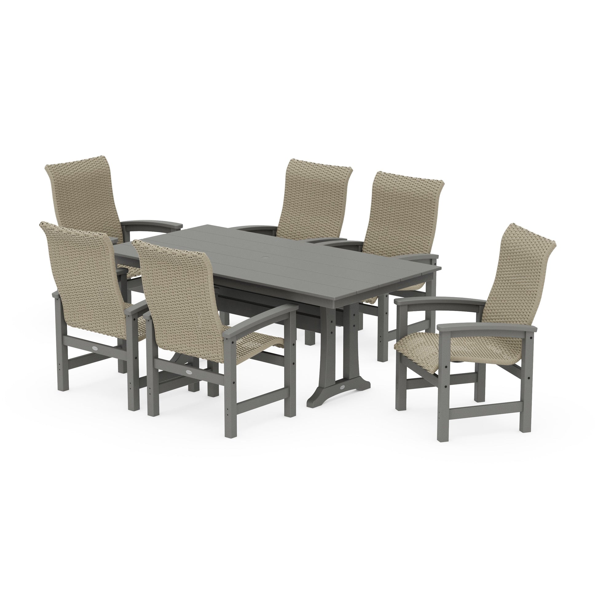 POLYWOOD Coastal Woven High-Back Arm Chair 7-Piece Farmhouse Dining Set with Trestle Legs — Slate Grey / Dune Grass