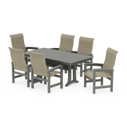 POLYWOOD Coastal Woven High-Back Arm Chair 7-Piece Farmhouse Dining Set with Trestle Legs — Slate Grey / Dune Grass