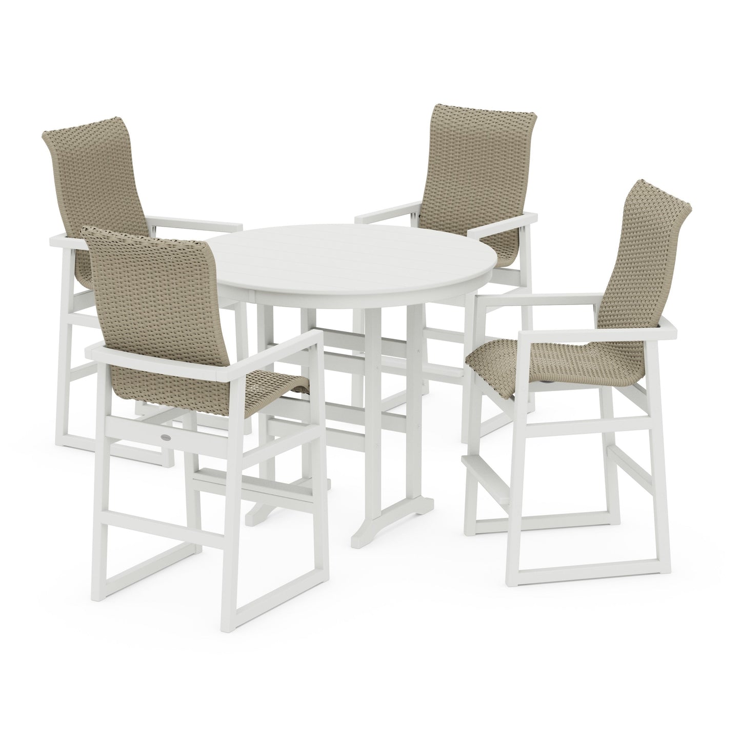 POLYWOOD EDGE Woven Highback 5-Piece Round Farmhouse Bar Set — Vintage White / Dune Grass