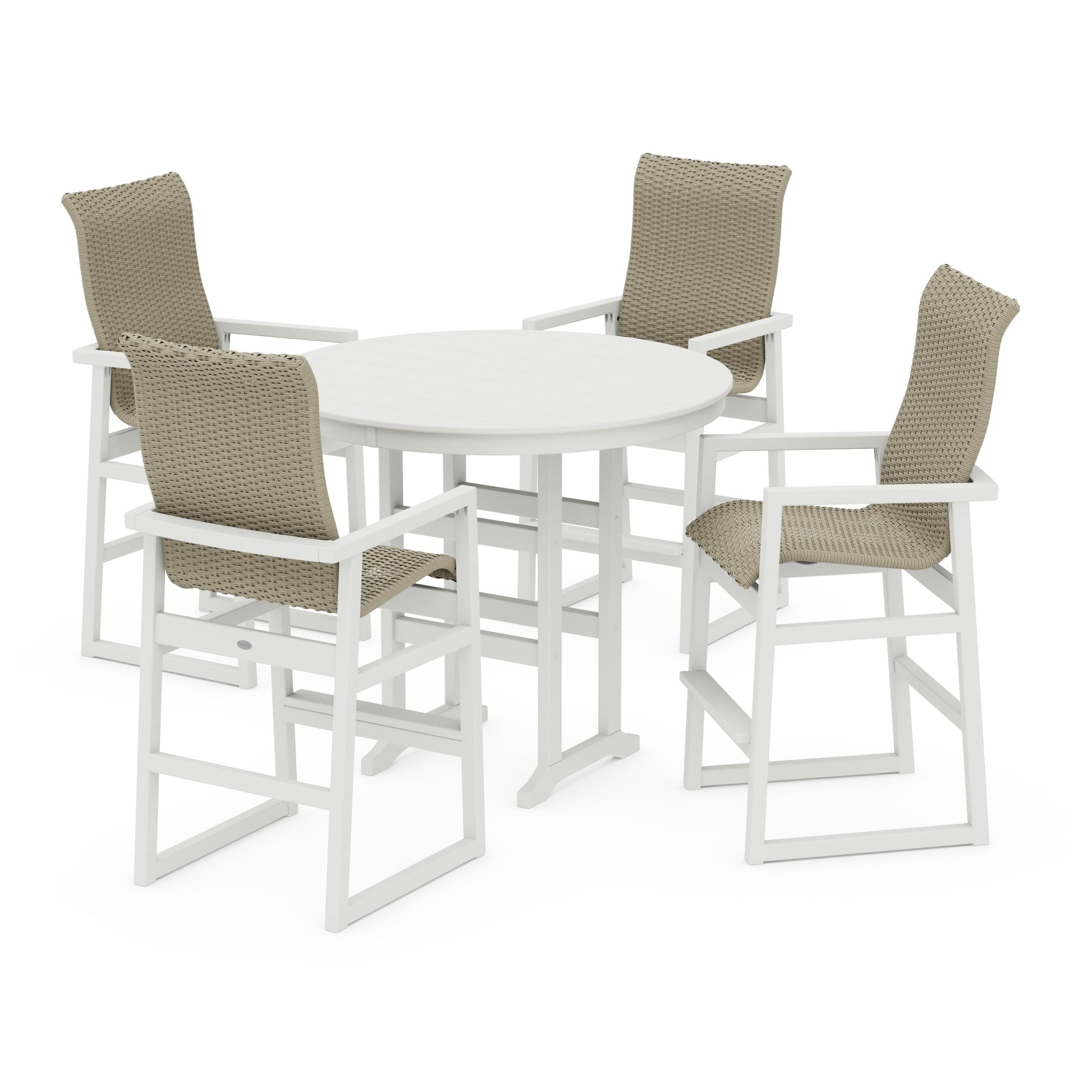 POLYWOOD EDGE Woven Highback 5-Piece Round Farmhouse Bar Set — Vintage White / Dune Grass