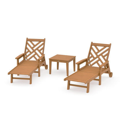 POLYWOOD Chippendale 3-Piece Chaise Set with Arms and Wheels — Natural