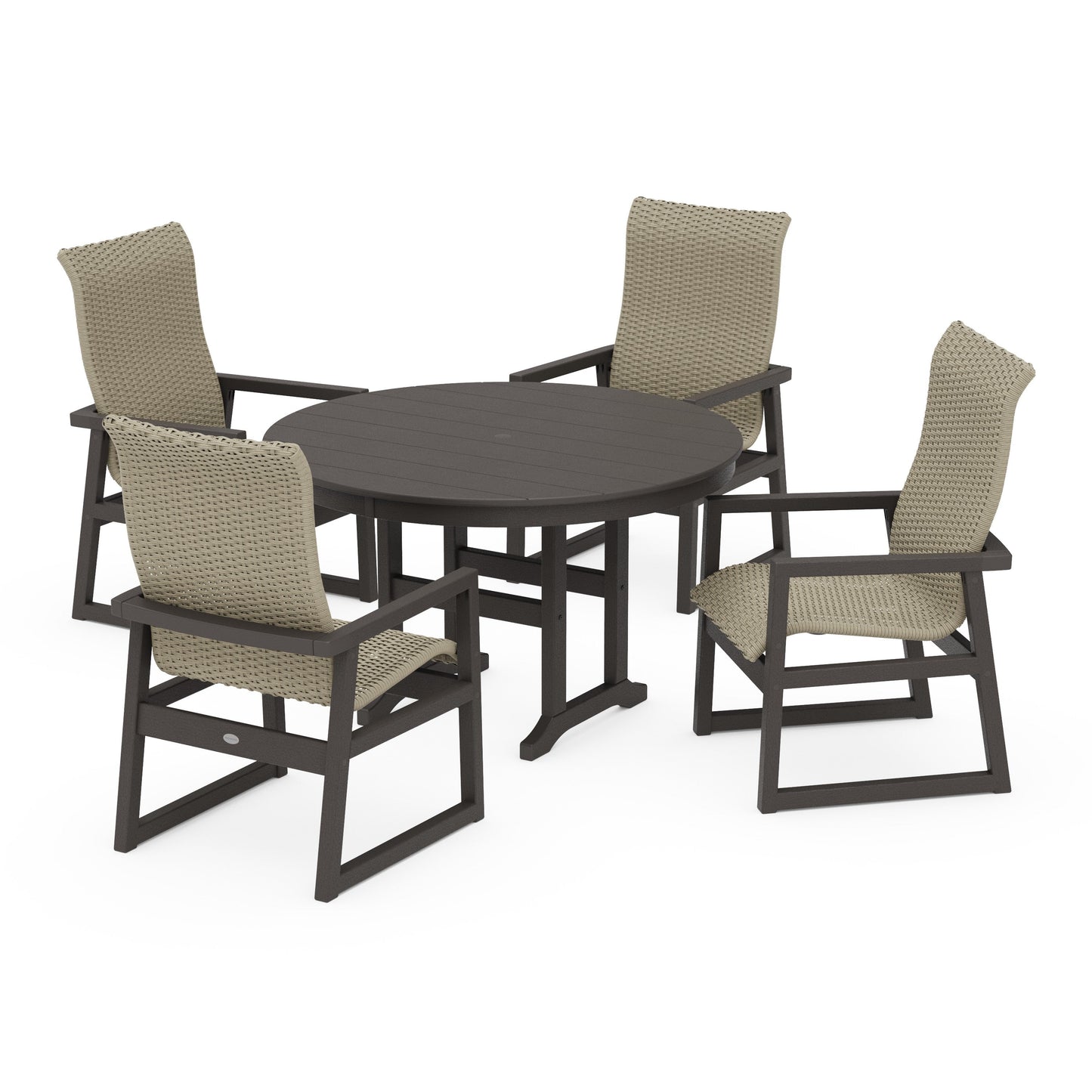 POLYWOOD EDGE Woven Highback 5-Piece Round Farmhouse Dining Set — Vintage Coffee / Dune Grass