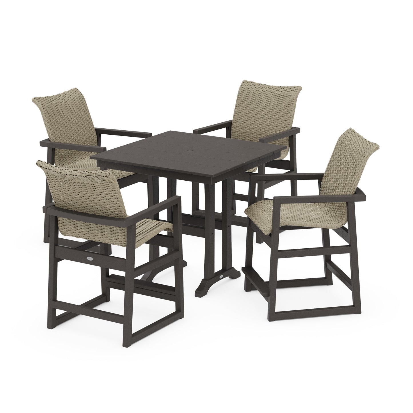 POLYWOOD EDGE Woven 5-Piece Farmhouse Counter Set with Trestle Legs — Vintage Coffee / Dune Grass