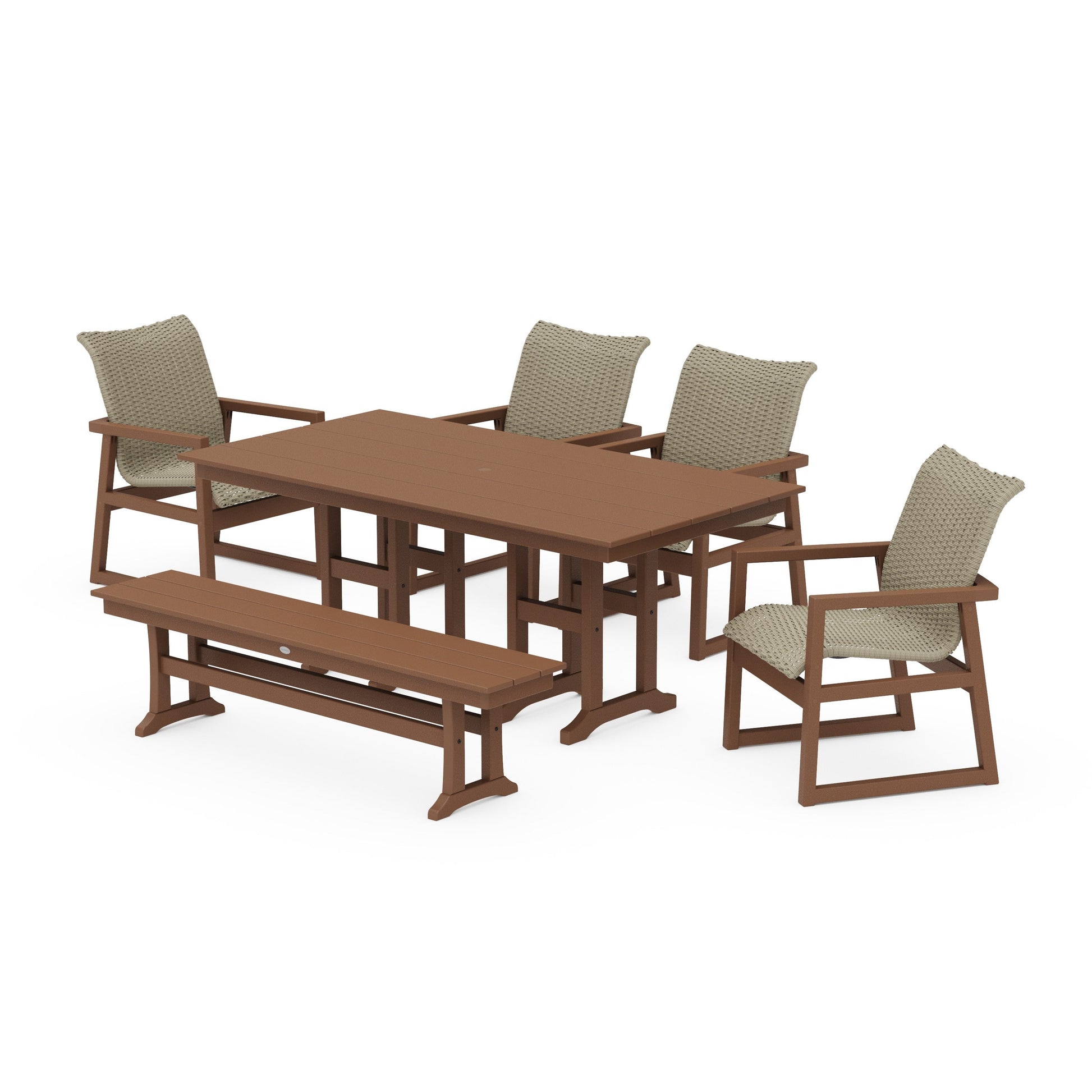 POLYWOOD EDGE Woven 6-Piece Farmhouse Dining Set with Bench — Teak / Dune Grass