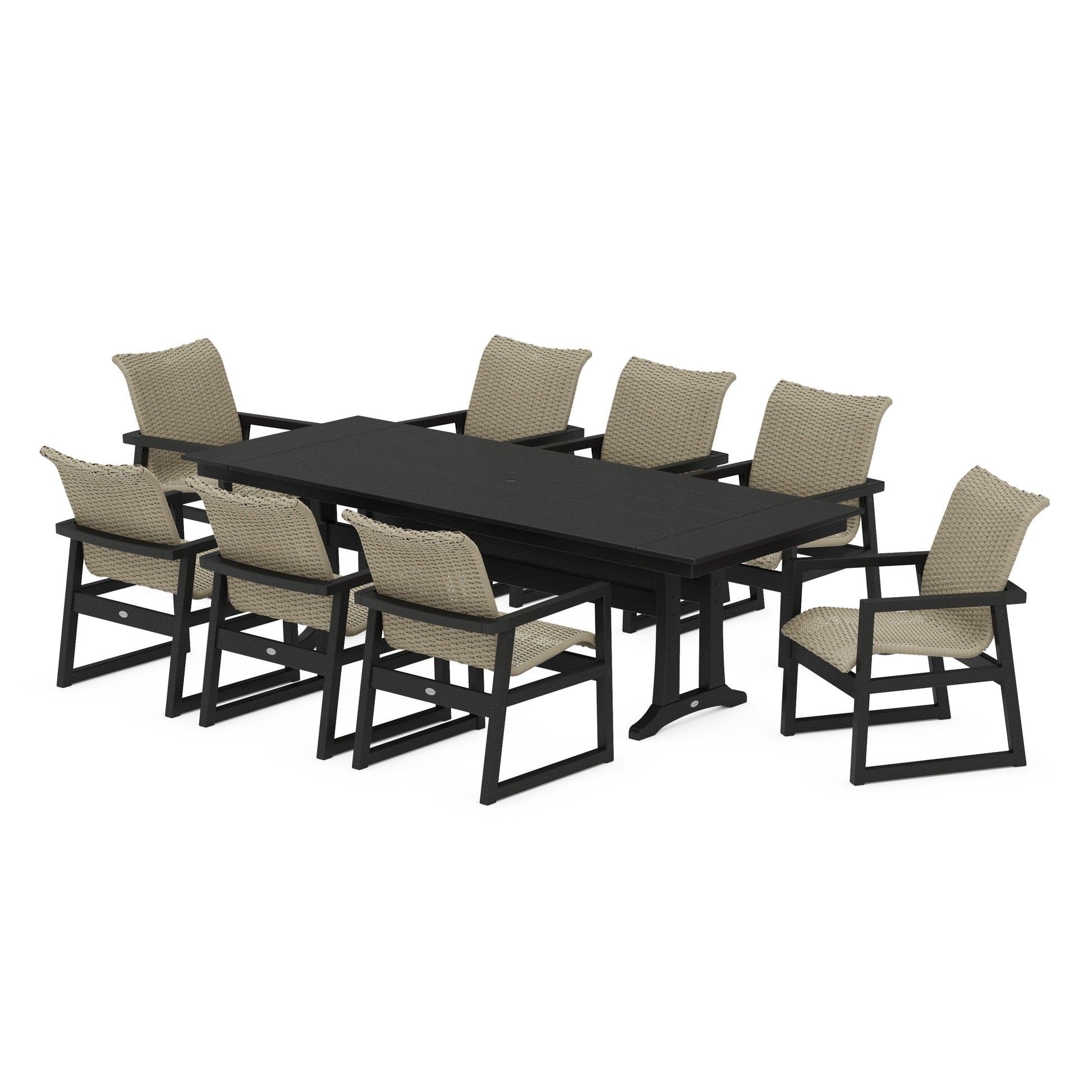 POLYWOOD EDGE Woven 9-Piece Farmhouse Dining Set with Trestle Legs — Black / Dune Grass