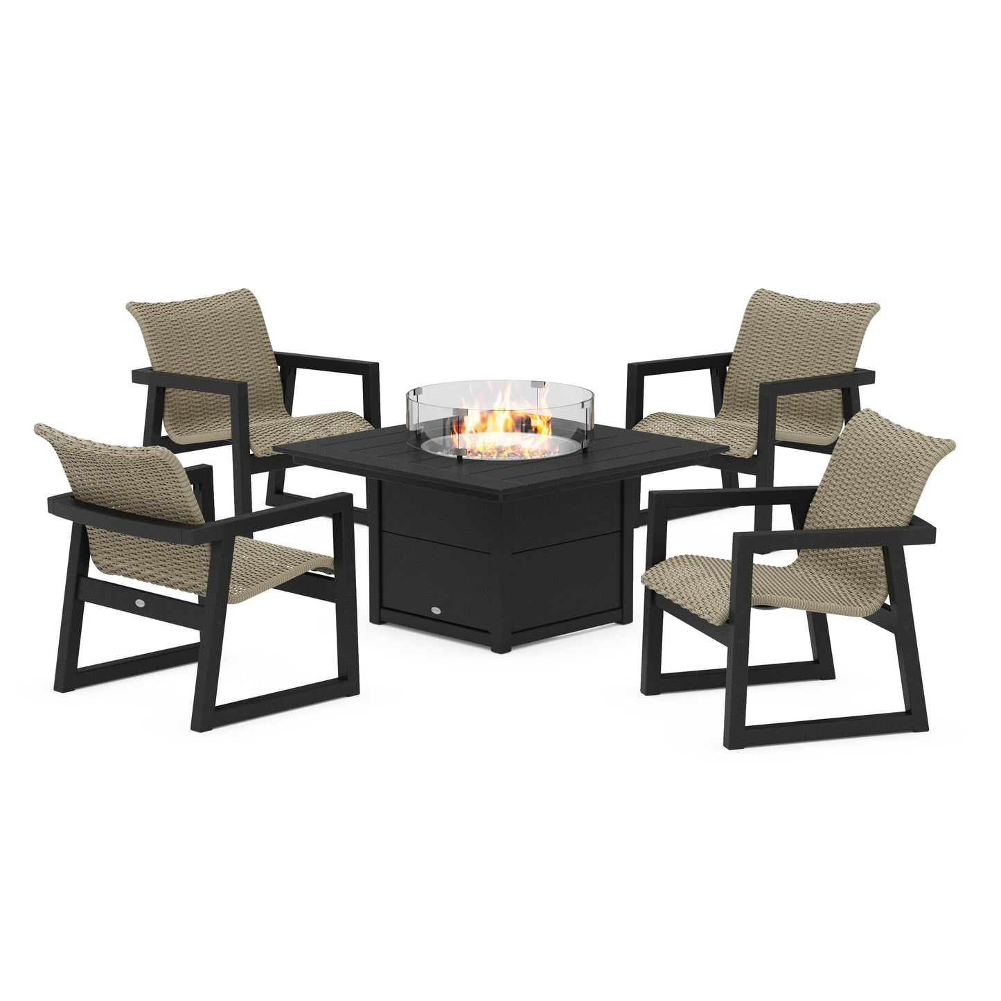 POLYWOOD EDGE Woven 5-Piece Lounge Chair Seating Set with Fire Pit Table — Black / Dune Grass