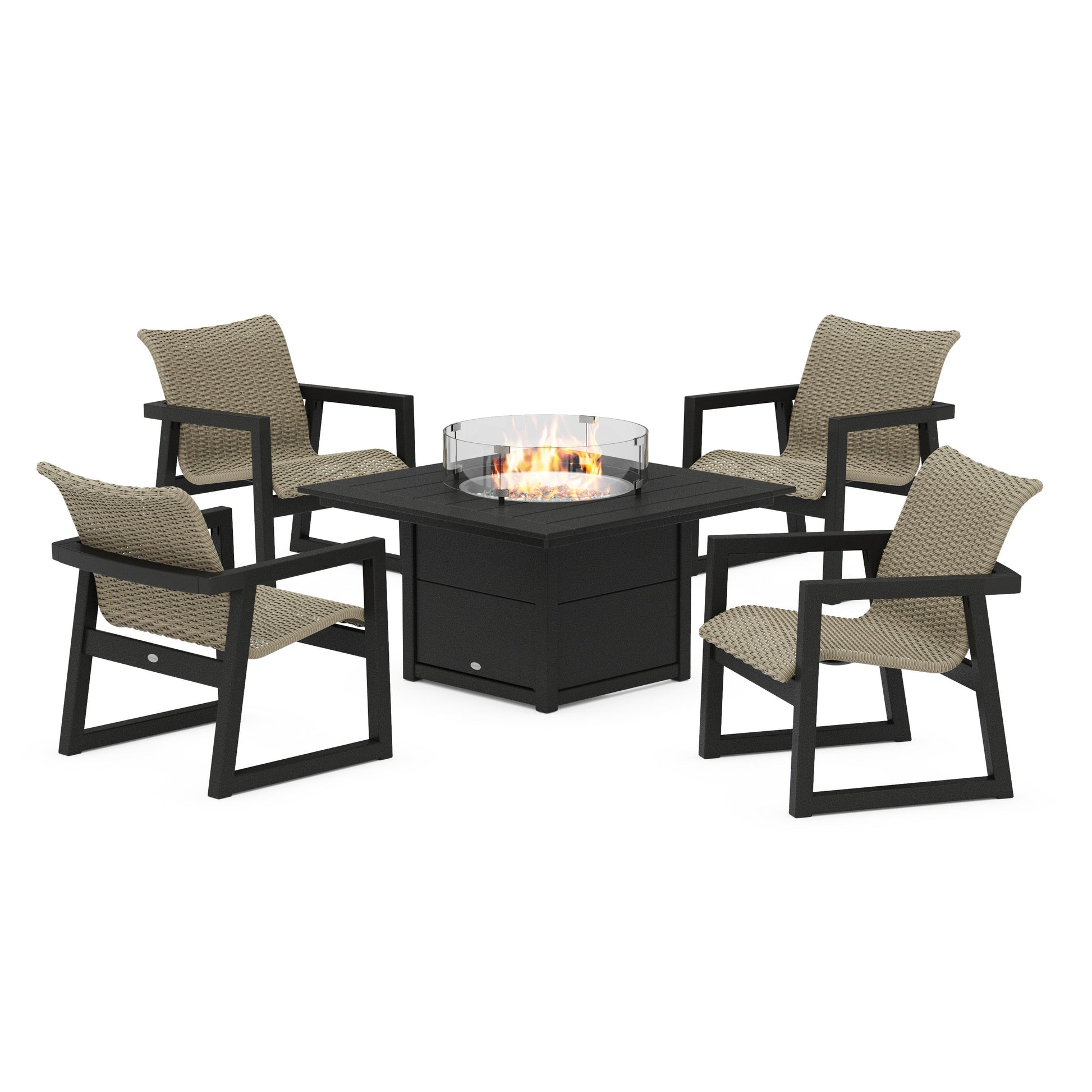 POLYWOOD EDGE Woven 5-Piece Lounge Chair Seating Set with Fire Pit Table — Black / Dune Grass