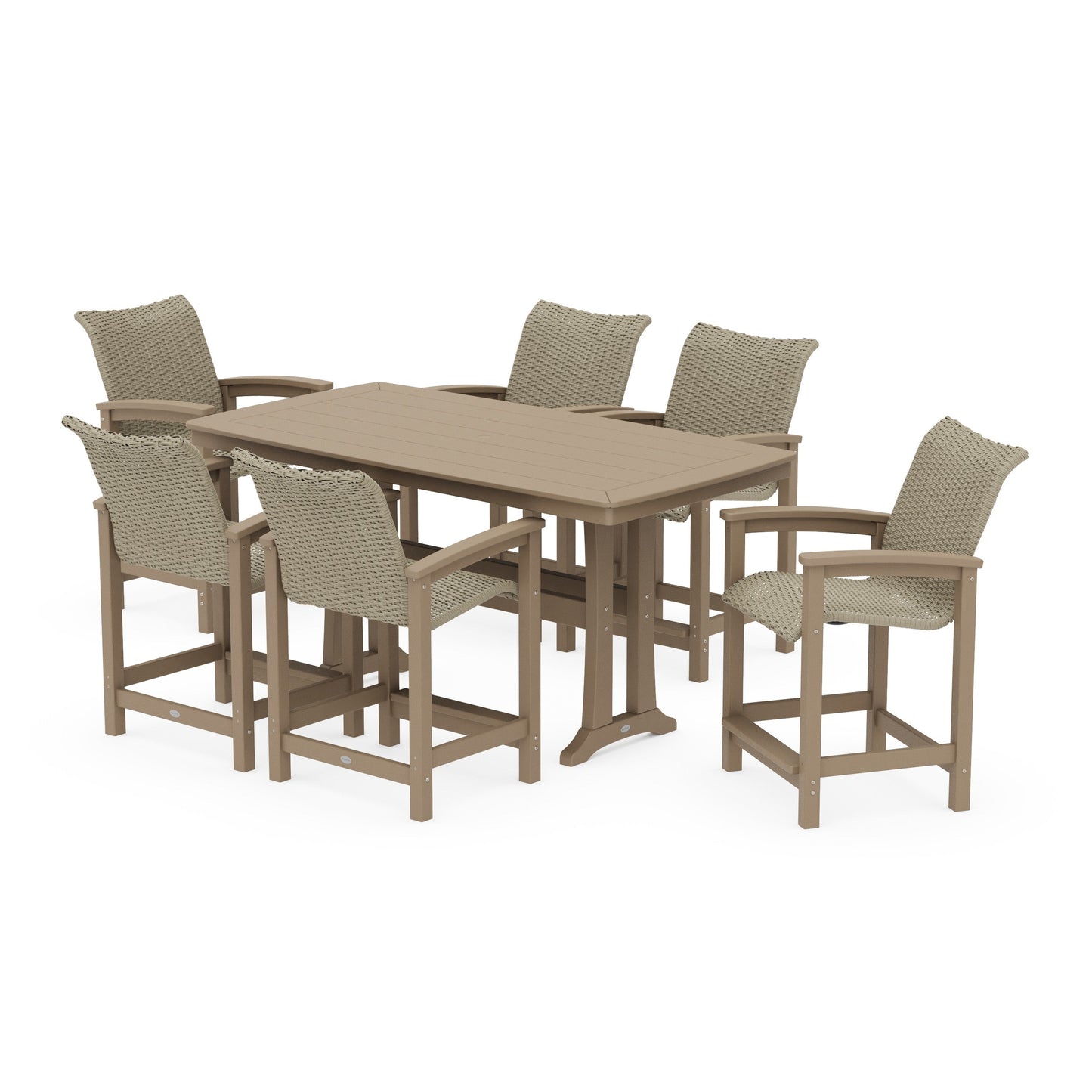 POLYWOOD Coastal Woven Arm Chair 7-Piece Counter Set with Trestle Legs — Vintage Sahara / Dune Grass