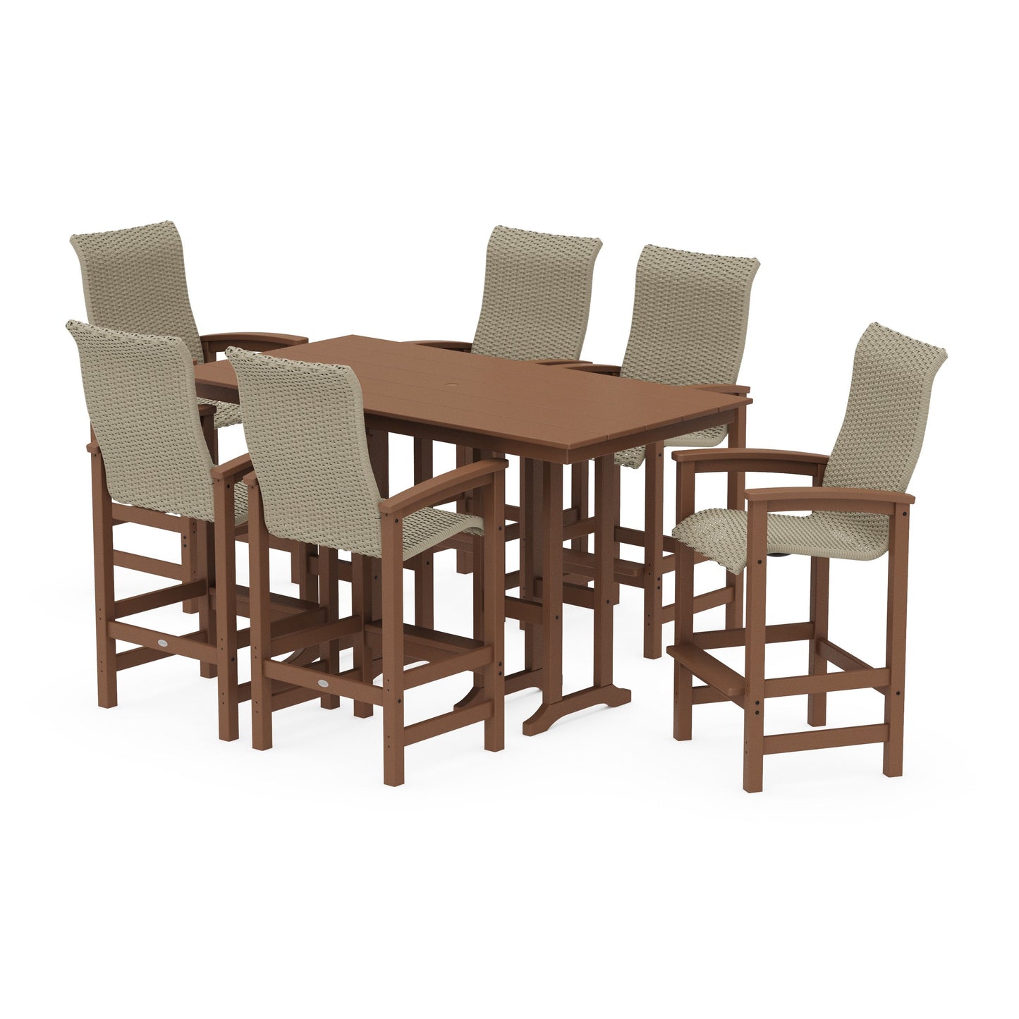 POLYWOOD Coastal Woven High-Back Arm Chair 7-Piece Farmhouse Bar Set — Teak / Dune Grass