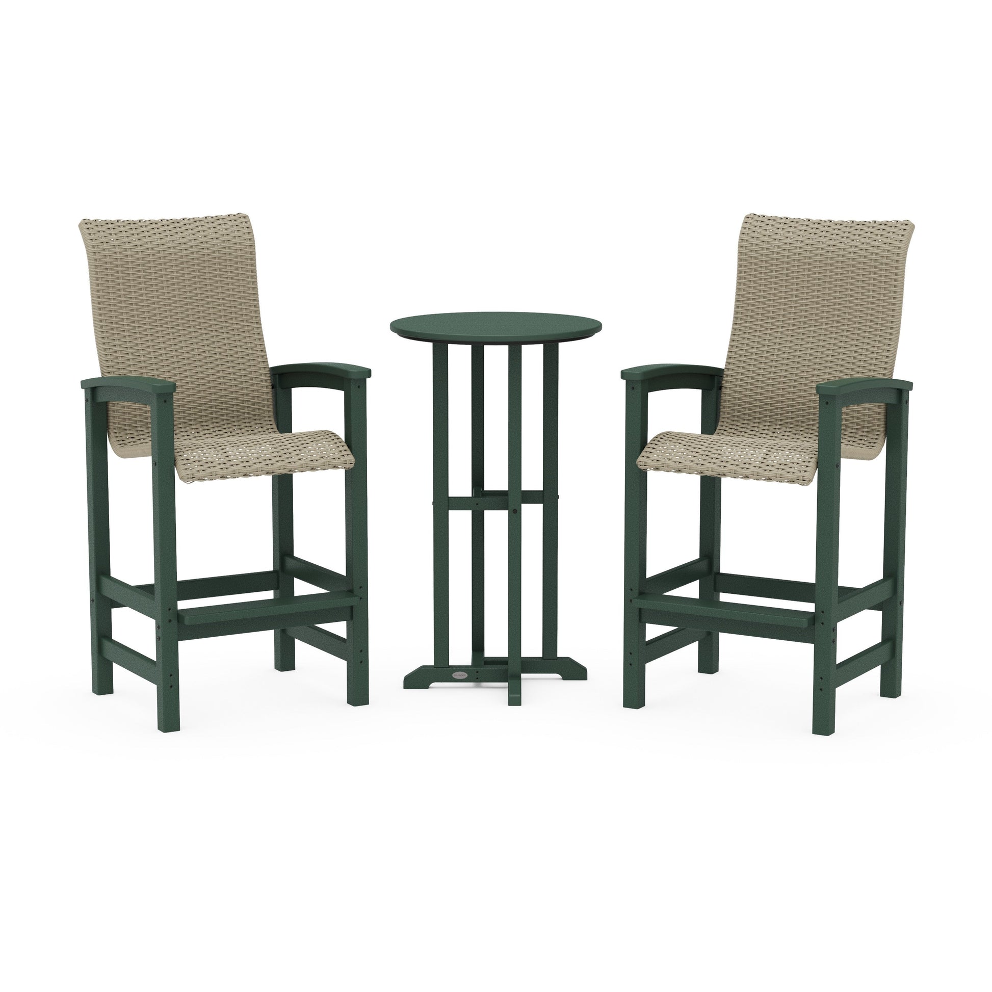 POLYWOOD Coastal Woven High-Back 3-Piece Farmhouse Bar Set — Green / Dune Grass