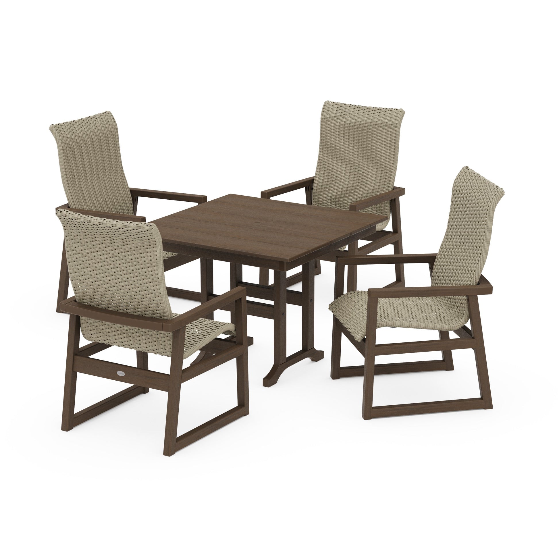 POLYWOOD EDGE Woven Highback 5-Piece Farmhouse Dining Set — Kona / Dune Grass