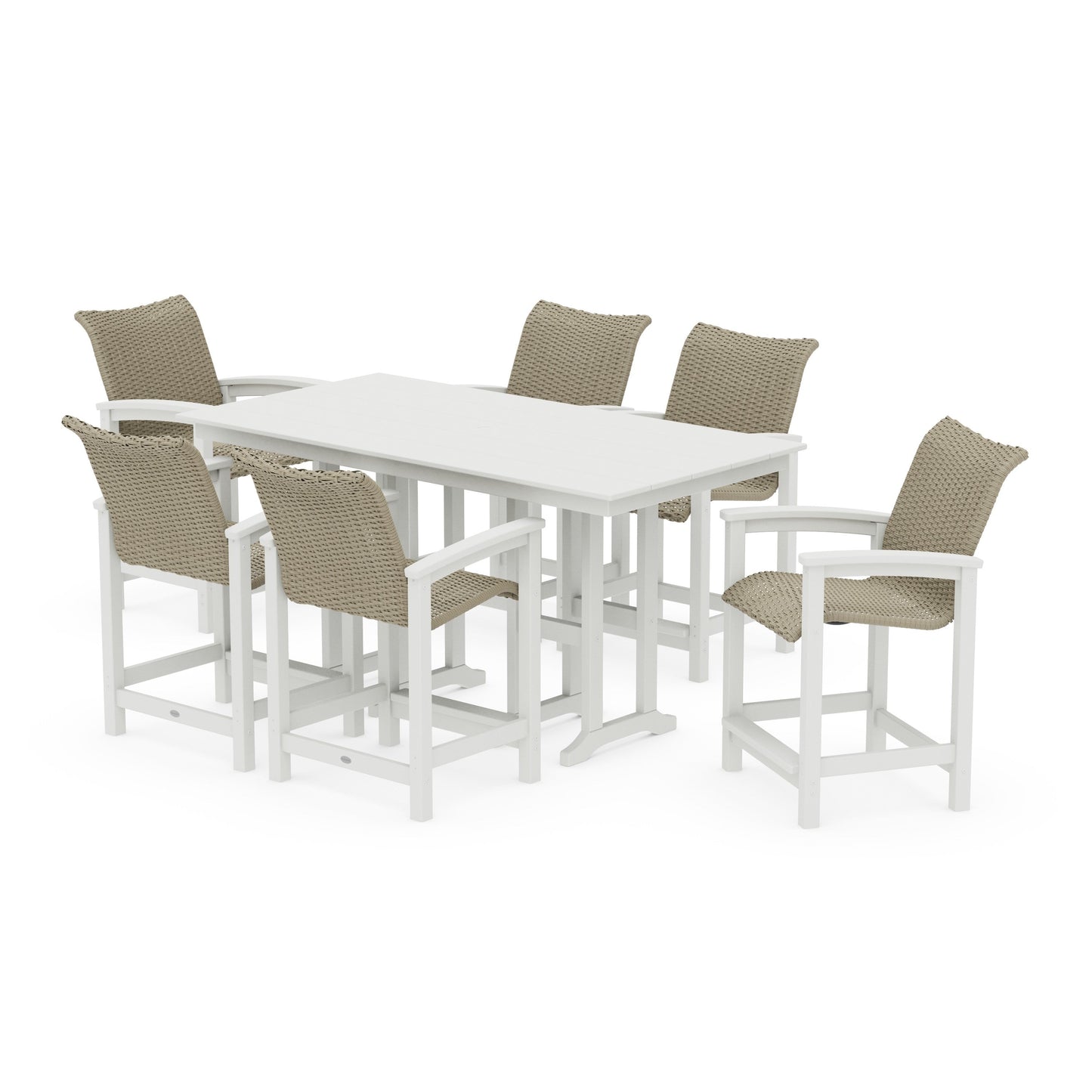 POLYWOOD Coastal Woven Arm Chair 7-Piece Farmhouse Counter Set — White / Dune Grass