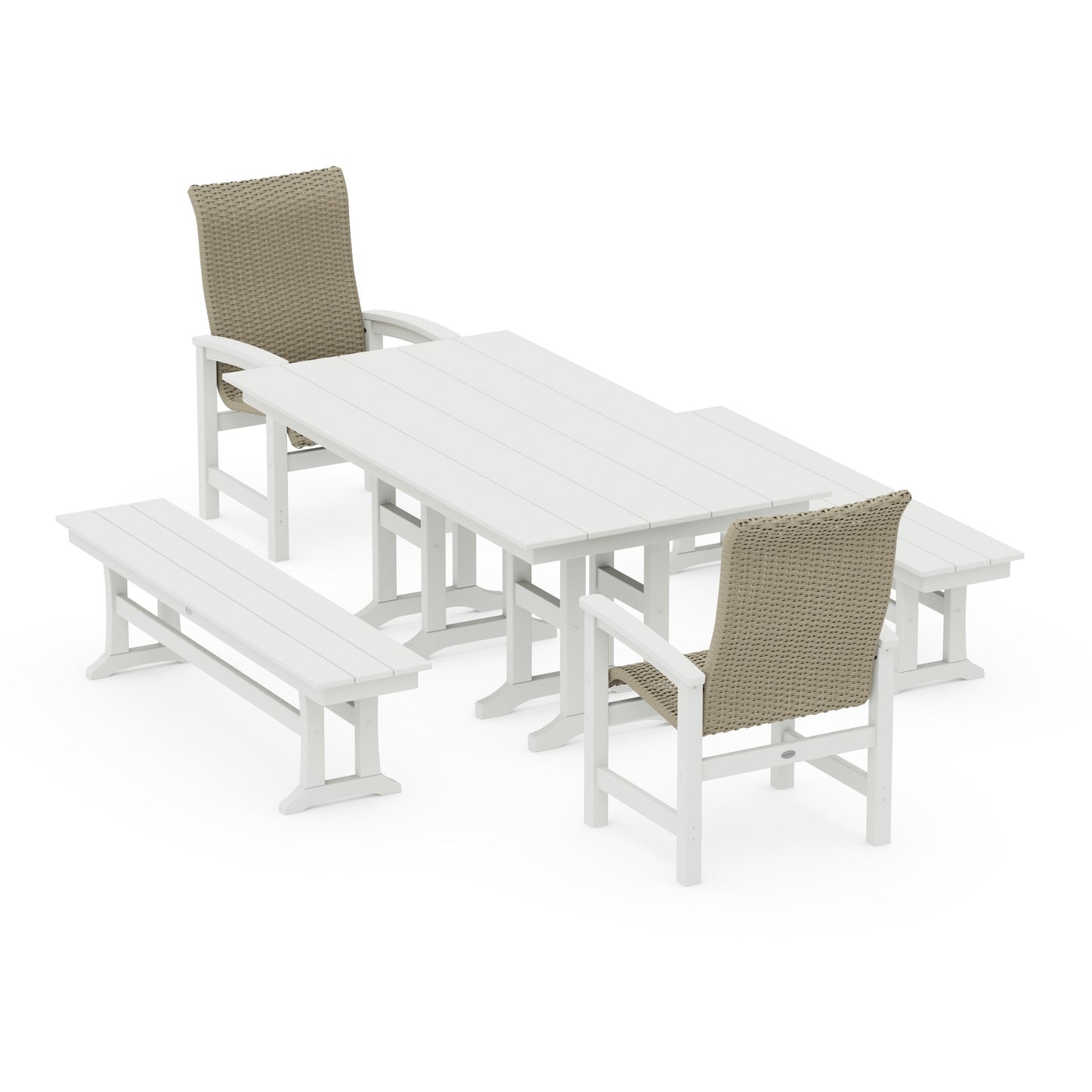 POLYWOOD Coastal Woven High-Back 5-Piece Farmhouse Dining Set with Benches — Vintage White / Dune Grass