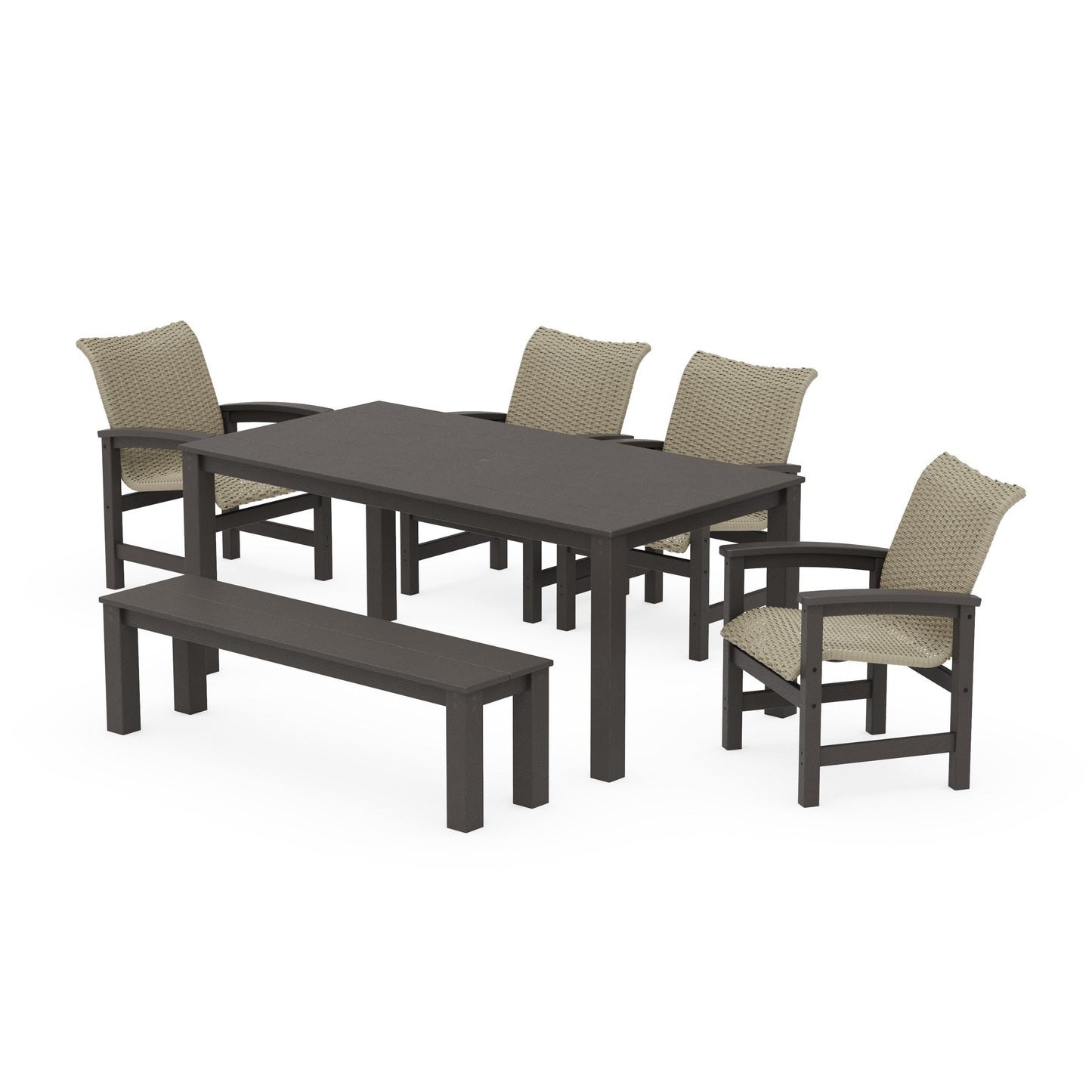 POLYWOOD Coastal Woven 6-Piece Parsons Dining Set with Bench — Vintage Coffee / Dune Grass