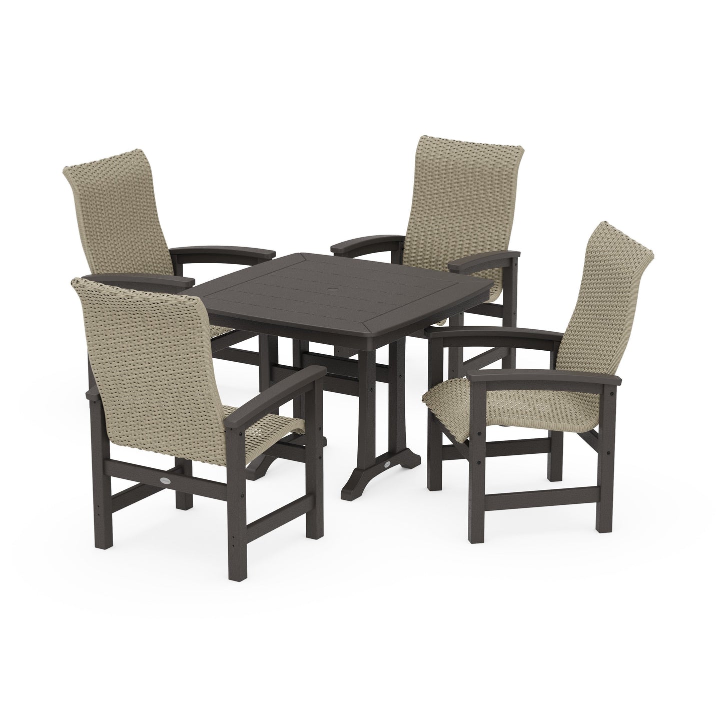 POLYWOOD Coastal Woven High-Back 5-Piece Dining Set with Trestle Legs — Vintage Coffee / Dune Grass