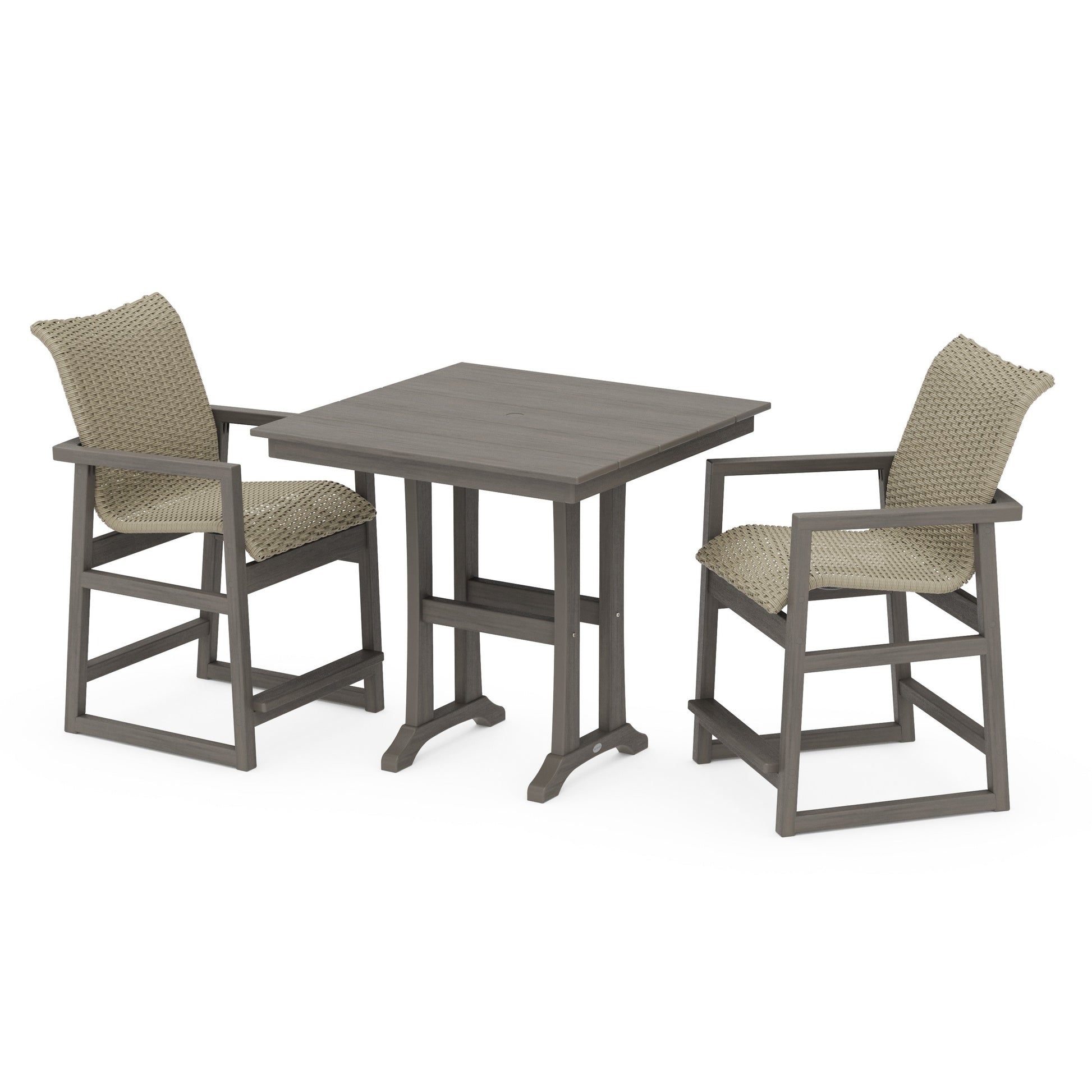 POLYWOOD EDGE Woven 3-Piece Farmhouse Counter Set with Trestle Legs — Driftwood / Dune Grass