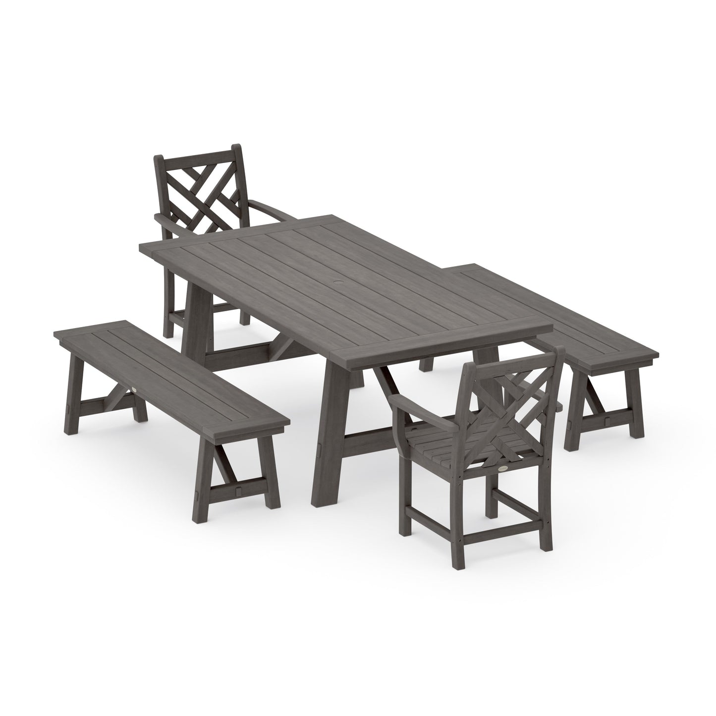 POLYWOOD Chippendale 5-Piece Rustic Farmhouse Dining Set With Benches — Driftwood