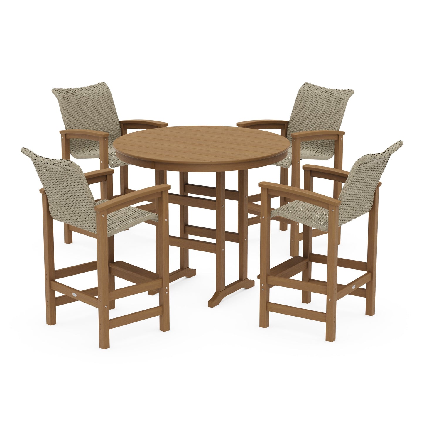 POLYWOOD Coastal Woven 5-Piece Round Farmhouse Bar Set — Natural / Dune Grass