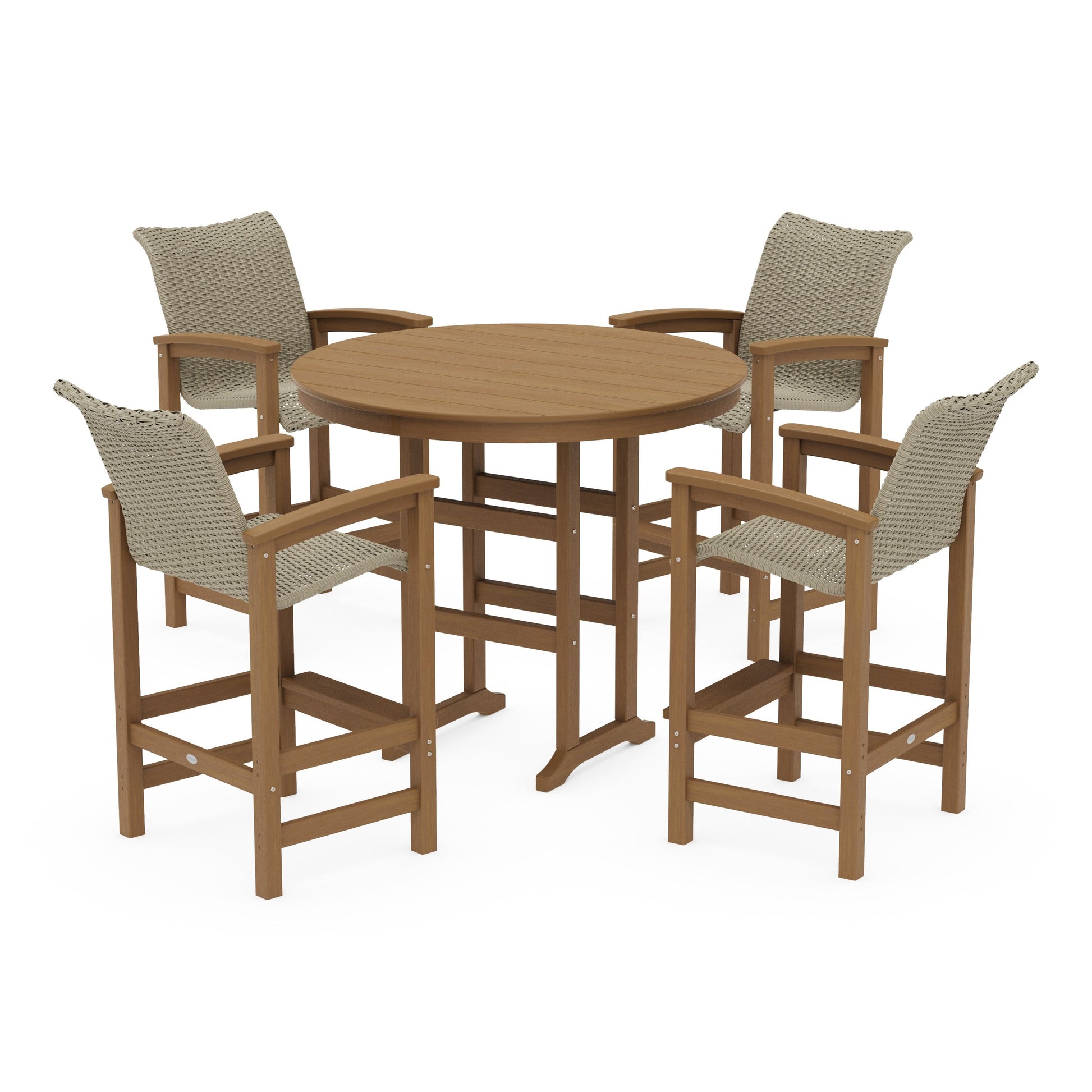 POLYWOOD Coastal Woven 5-Piece Round Farmhouse Bar Set — Natural / Dune Grass