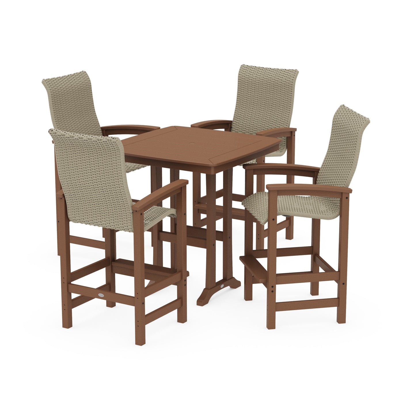 POLYWOOD Coastal Woven High-Back 5-Piece Bar Set with Trestle Legs — Teak / Dune Grass