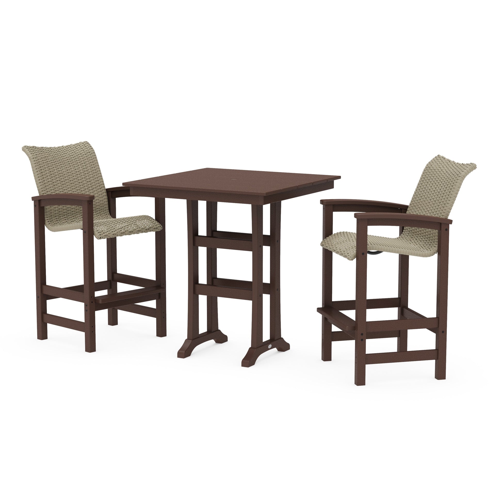 POLYWOOD Coastal Woven 3-Piece Farmhouse Bar Set with Trestle Legs — Mahogany / Dune Grass