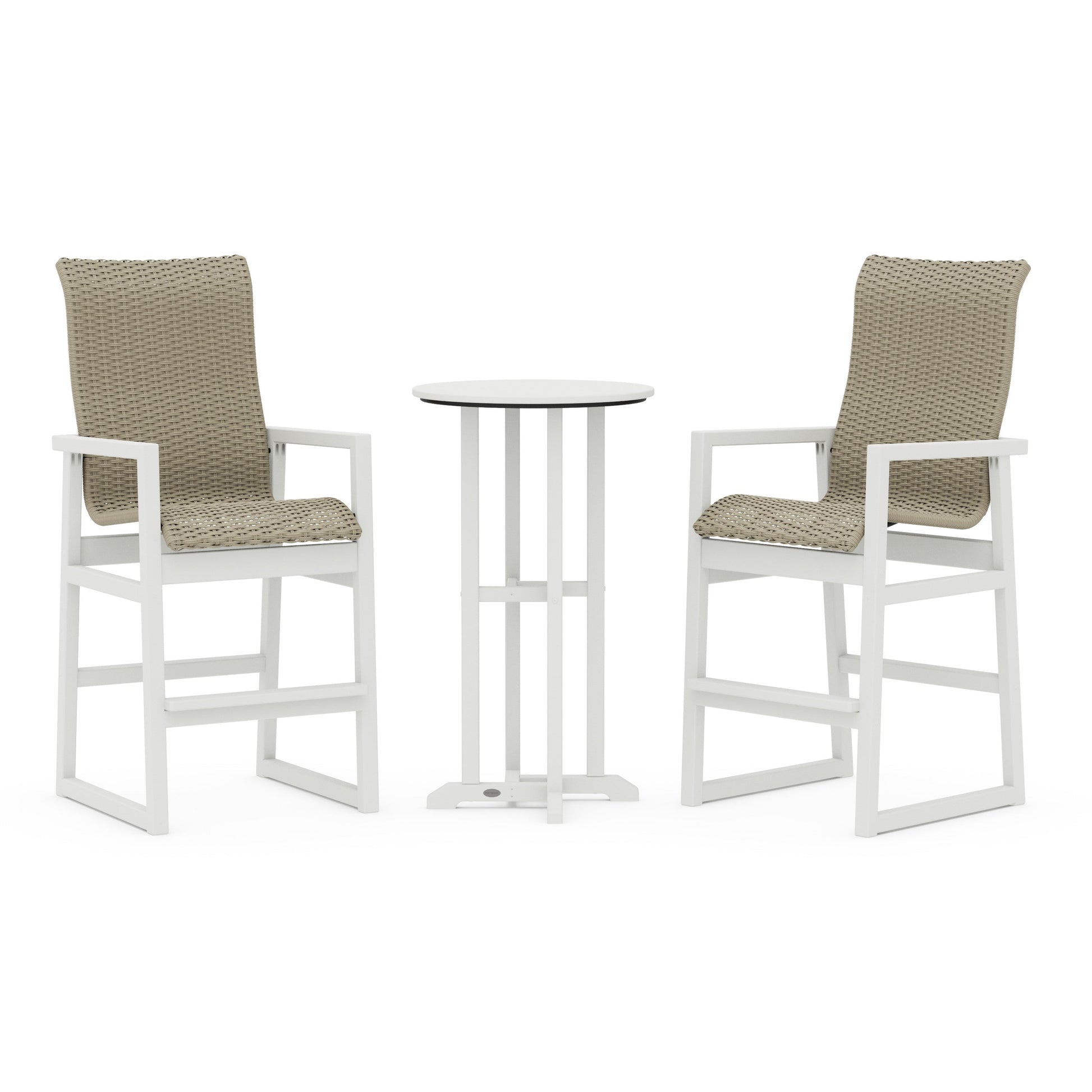 POLYWOOD EDGE Woven Highback 3-Piece Farmhouse Bar Set — Vintage White / Dune Grass