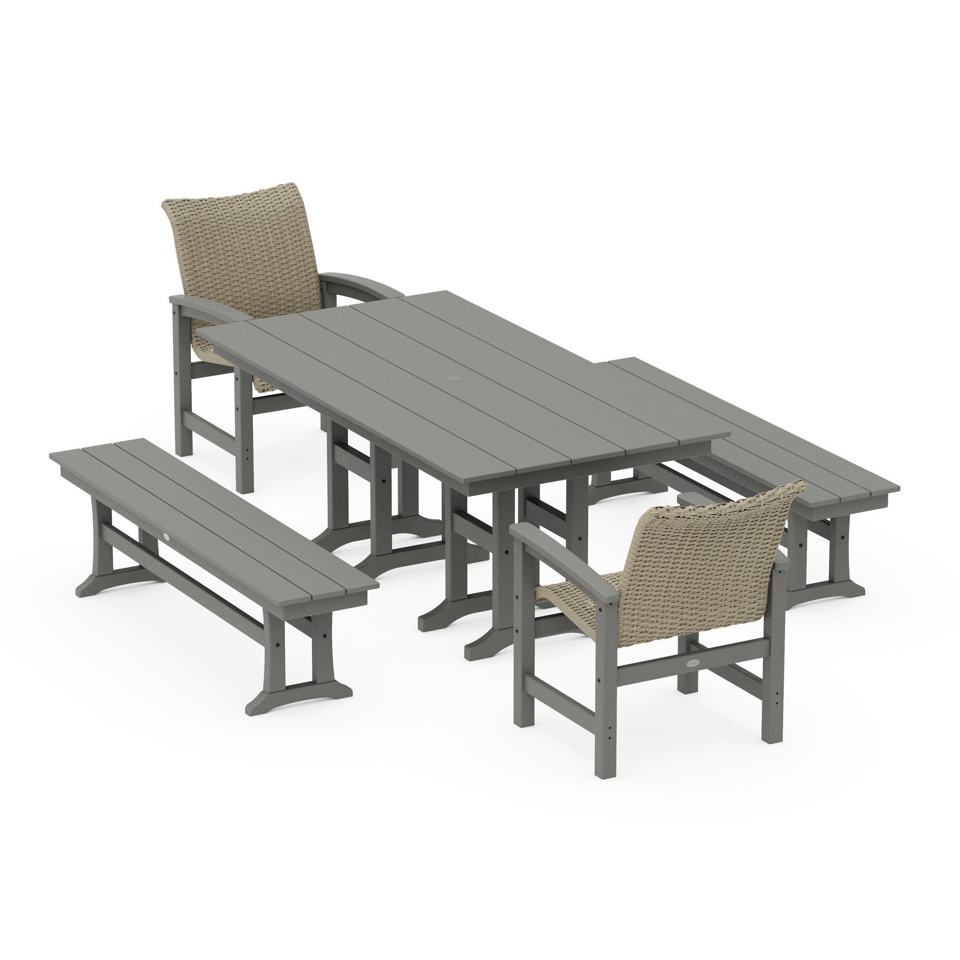 POLYWOOD Coastal Woven 5-Piece Farmhouse Dining Set with Benches — Slate Grey / Dune Grass