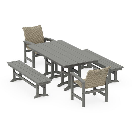 POLYWOOD Coastal Woven 5-Piece Farmhouse Dining Set with Benches — Slate Grey / Dune Grass