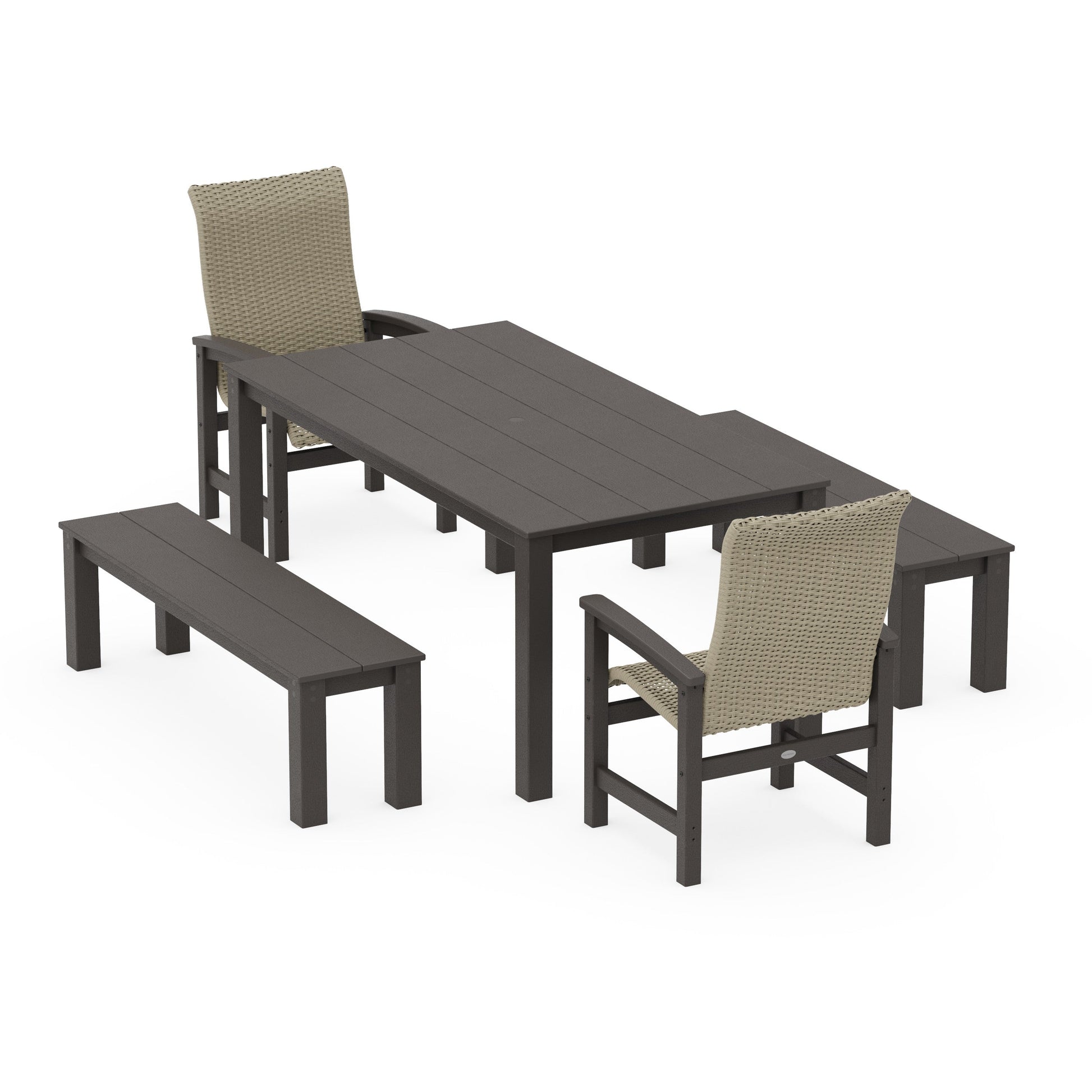 POLYWOOD Coastal Woven High-Back 5-Piece Parsons Dining Set with Benches — Vintage Coffee / Dune Grass