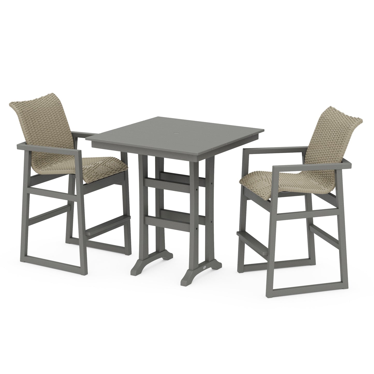 POLYWOOD EDGE Woven 3-Piece Farmhouse Bar Set with Trestle Legs — Slate Grey / Dune Grass