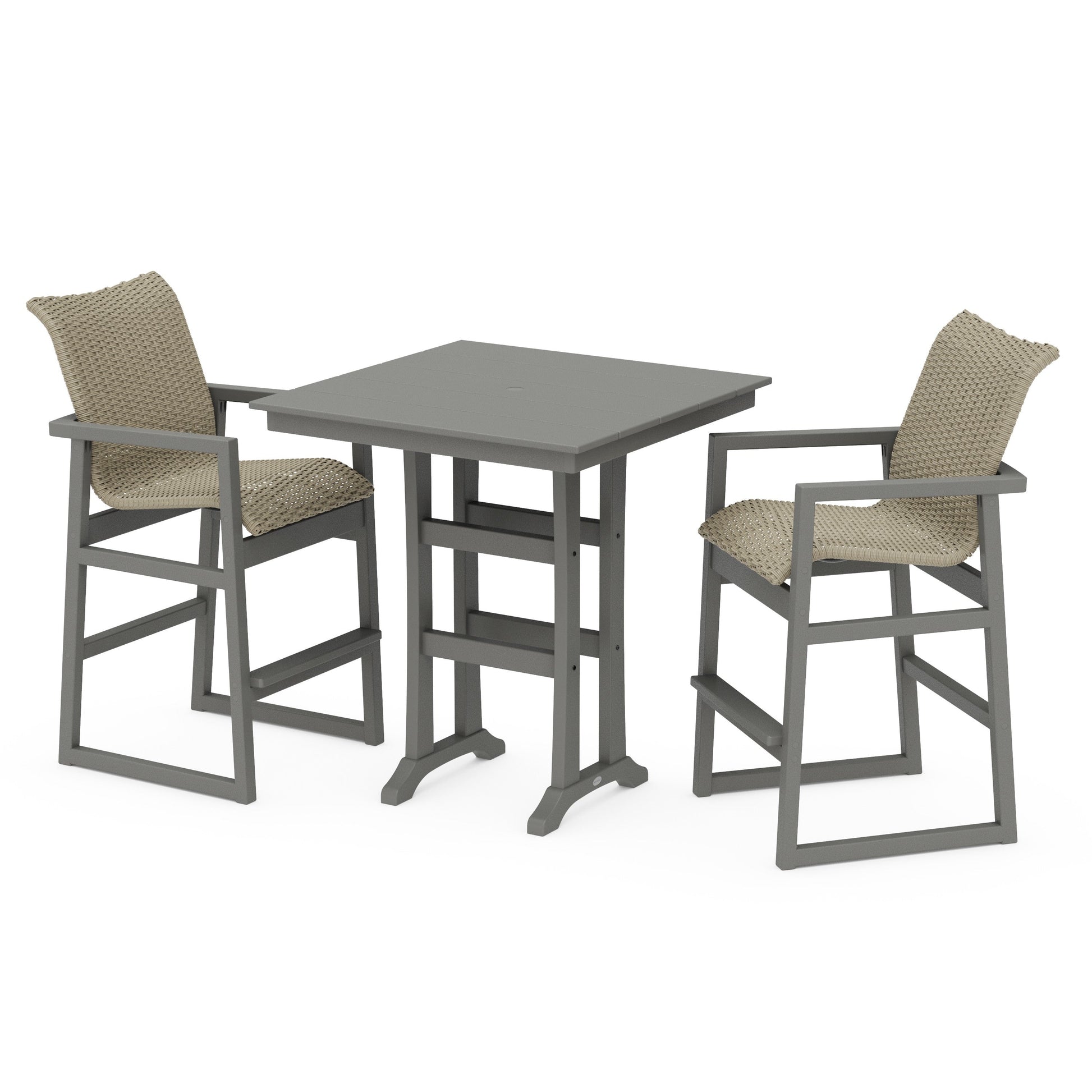 POLYWOOD EDGE Woven 3-Piece Farmhouse Bar Set with Trestle Legs — Slate Grey / Dune Grass