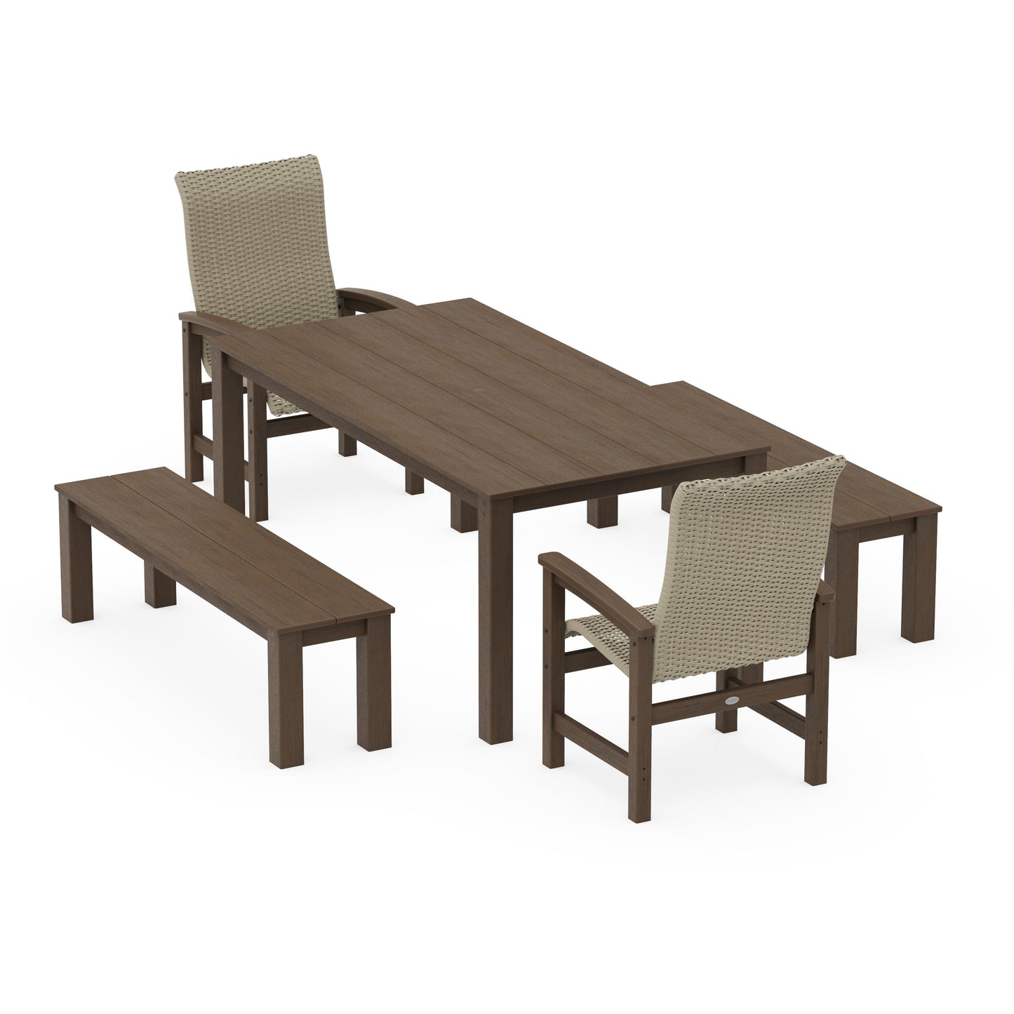 POLYWOOD Coastal Woven High-Back 5-Piece Parsons Dining Set with Benches — Kona / Dune Grass
