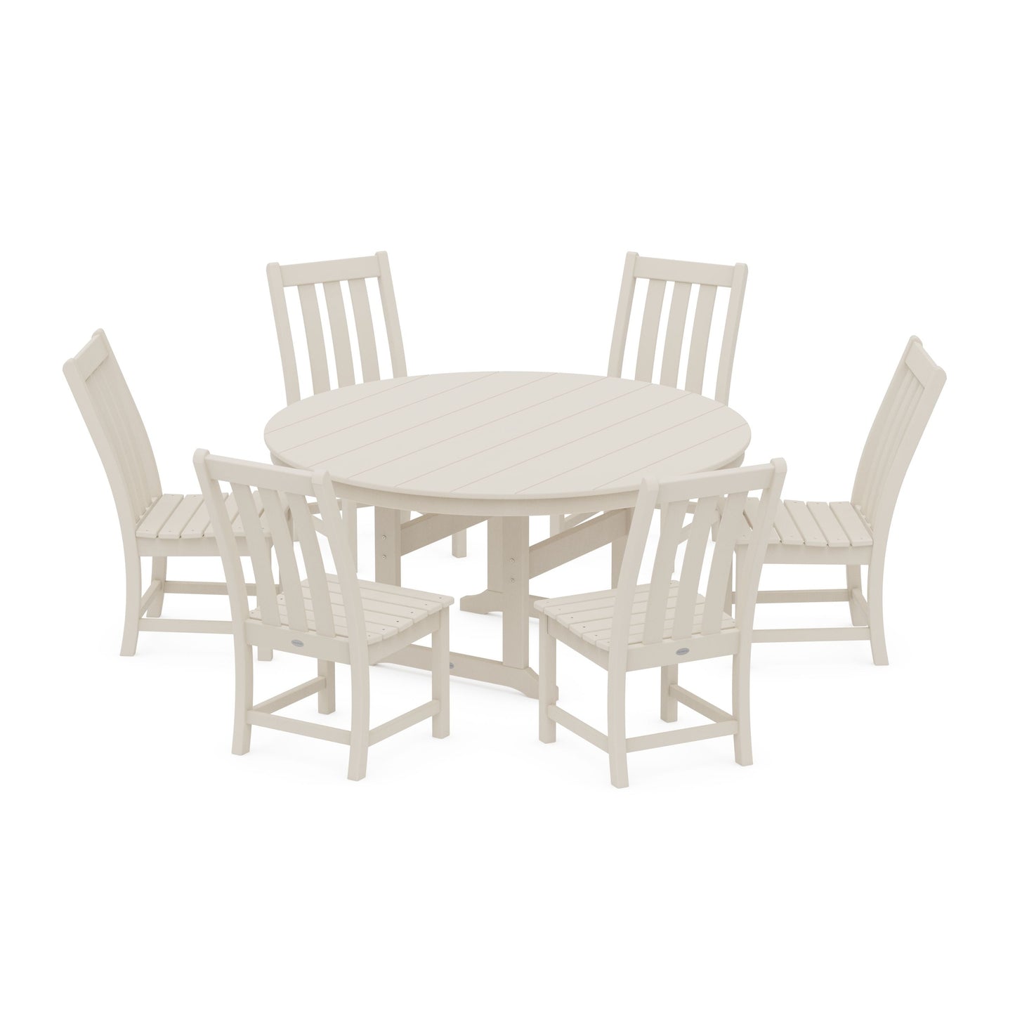 POLYWOOD Vineyard 7-Piece Side Chair Round Farmhouse Dining Set — Sand