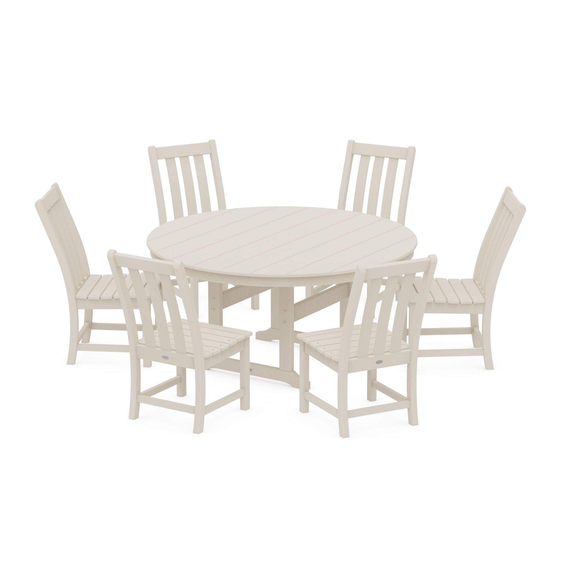 POLYWOOD Vineyard 7-Piece Side Chair Round Farmhouse Dining Set — Sand