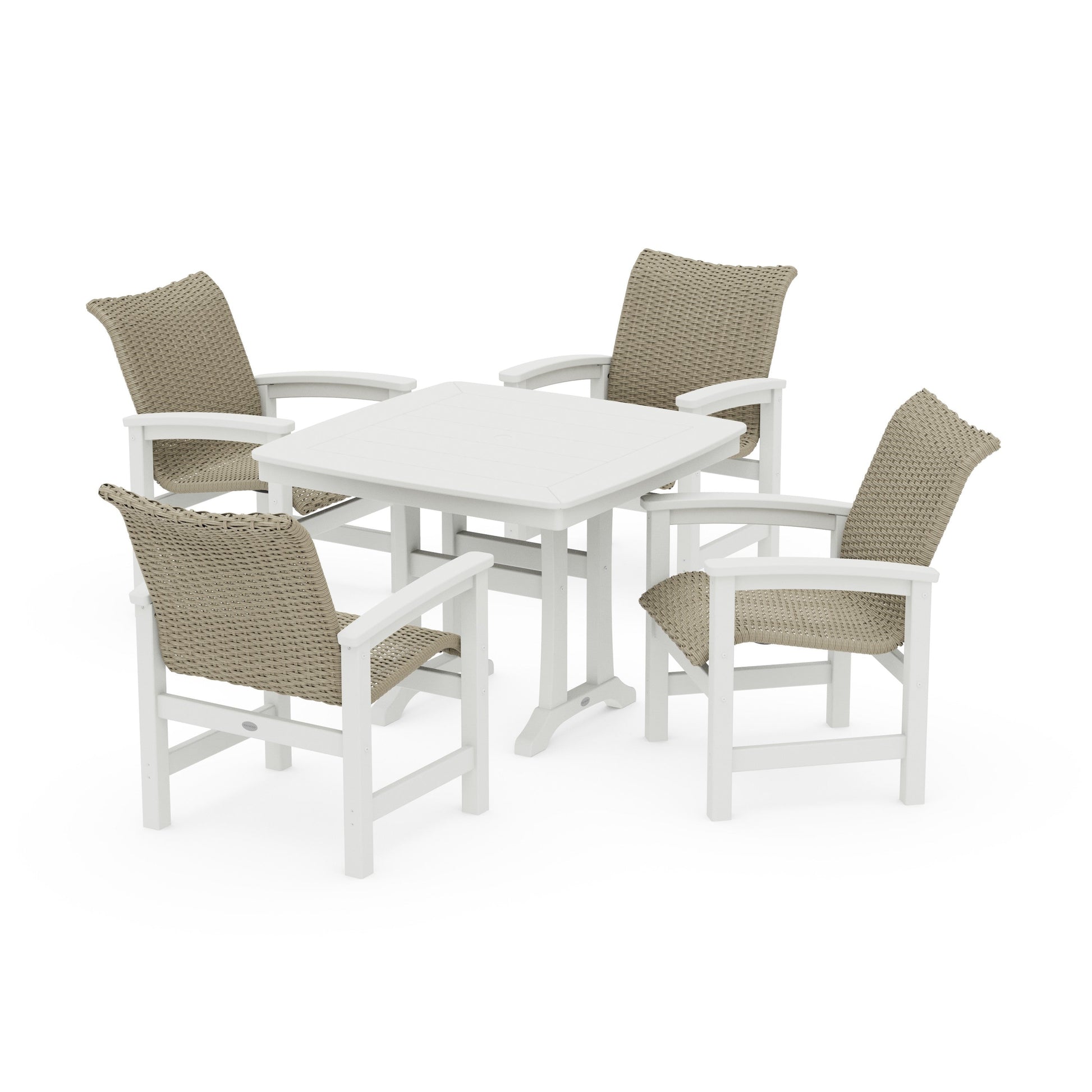 POLYWOOD Coastal Woven 5-Piece Dining Set with Trestle Legs — Vintage White / Dune Grass