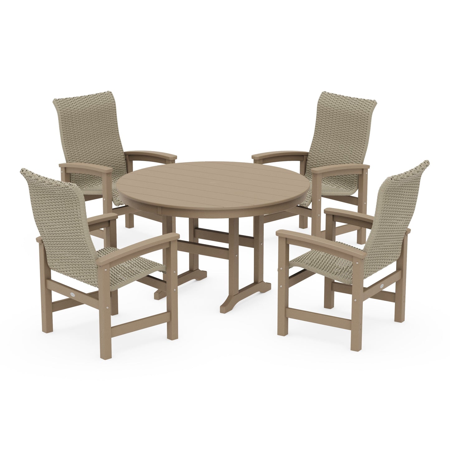 POLYWOOD Coastal Woven High-Back 5-Piece Round Farmhouse Dining Set — Vintage Sahara / Dune Grass