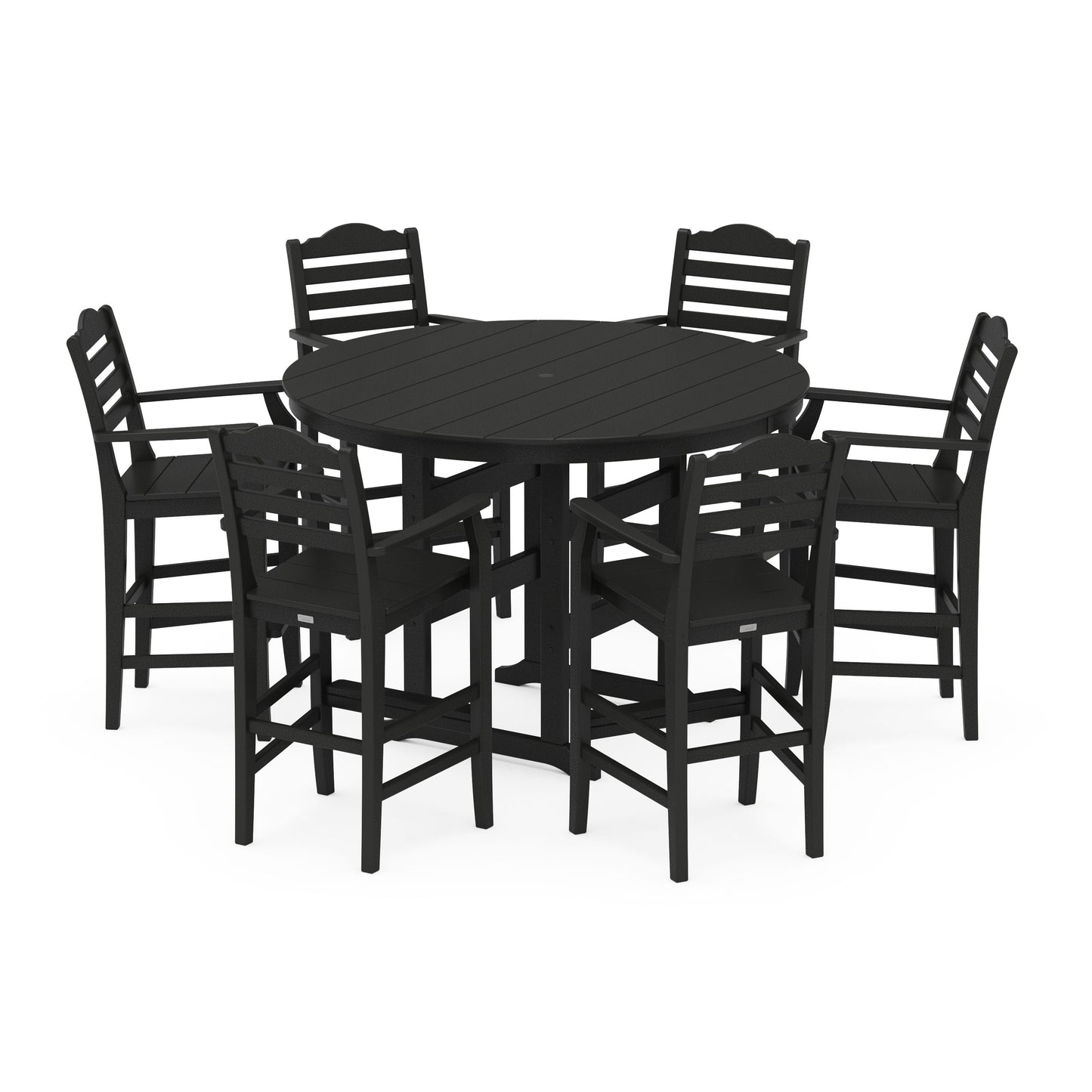 POLYWOOD Savannah 7-Piece Arm Chair Round Farmhouse Bar Set — Black