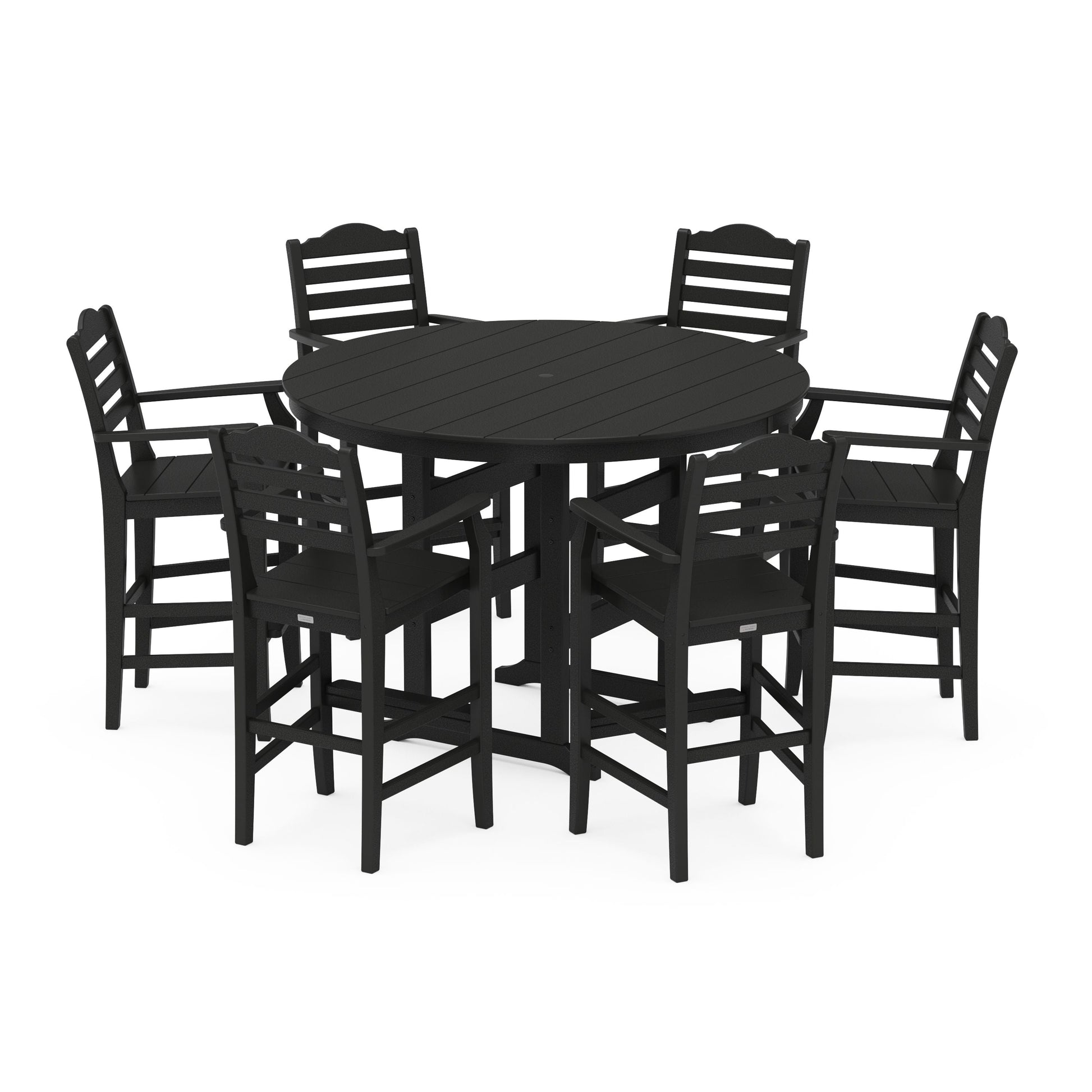 POLYWOOD Savannah 7-Piece Arm Chair Round Farmhouse Bar Set — Black