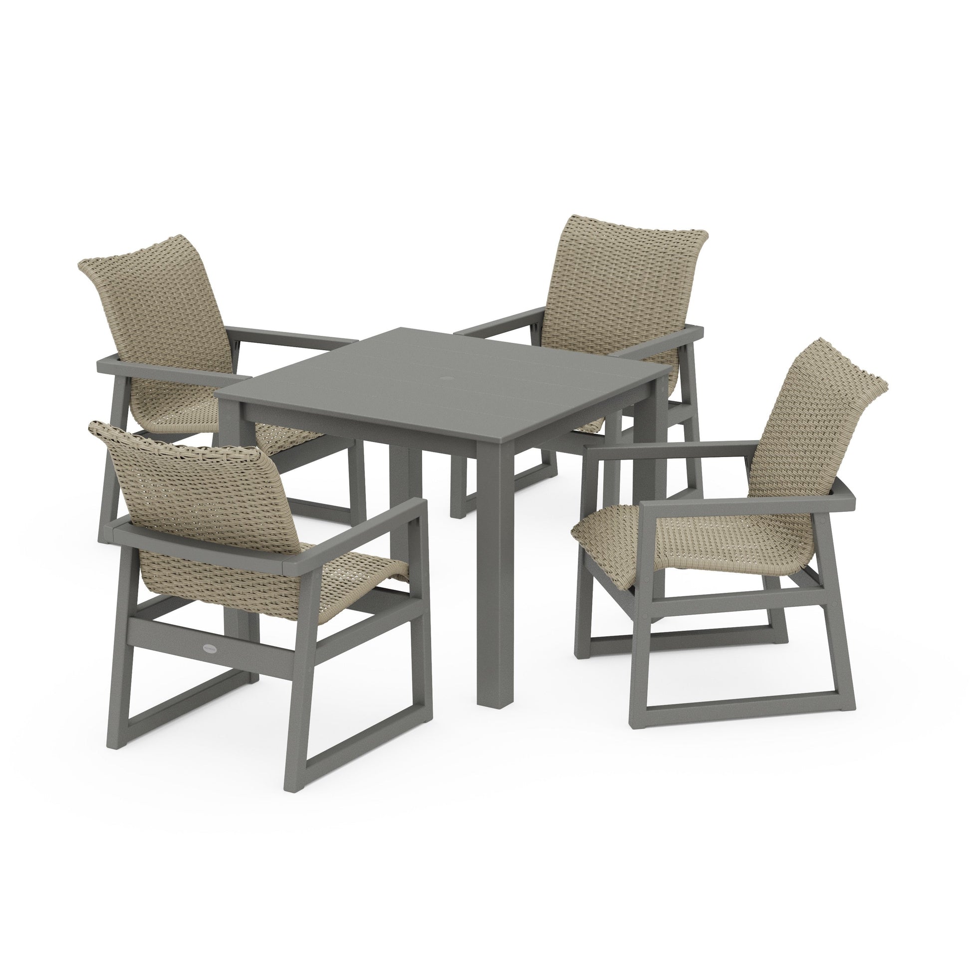POLYWOOD EDGE Woven 5-Piece Parsons Dining Set — Slate Grey / Dune Grass